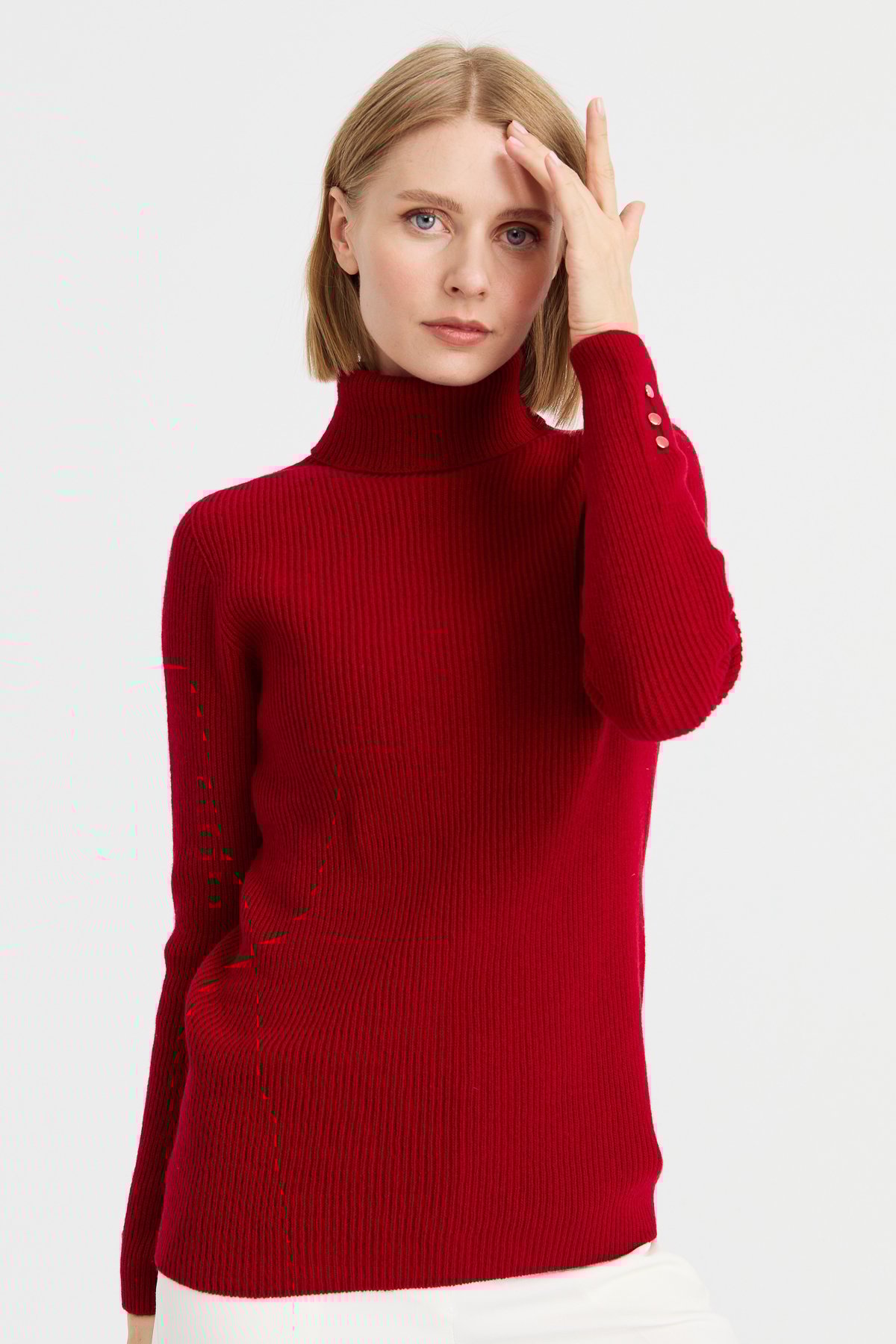 23159Kadın Tam Balıkçı Yaka Kol Ucu Düğmeli Yün Kazak K.Kırmızı