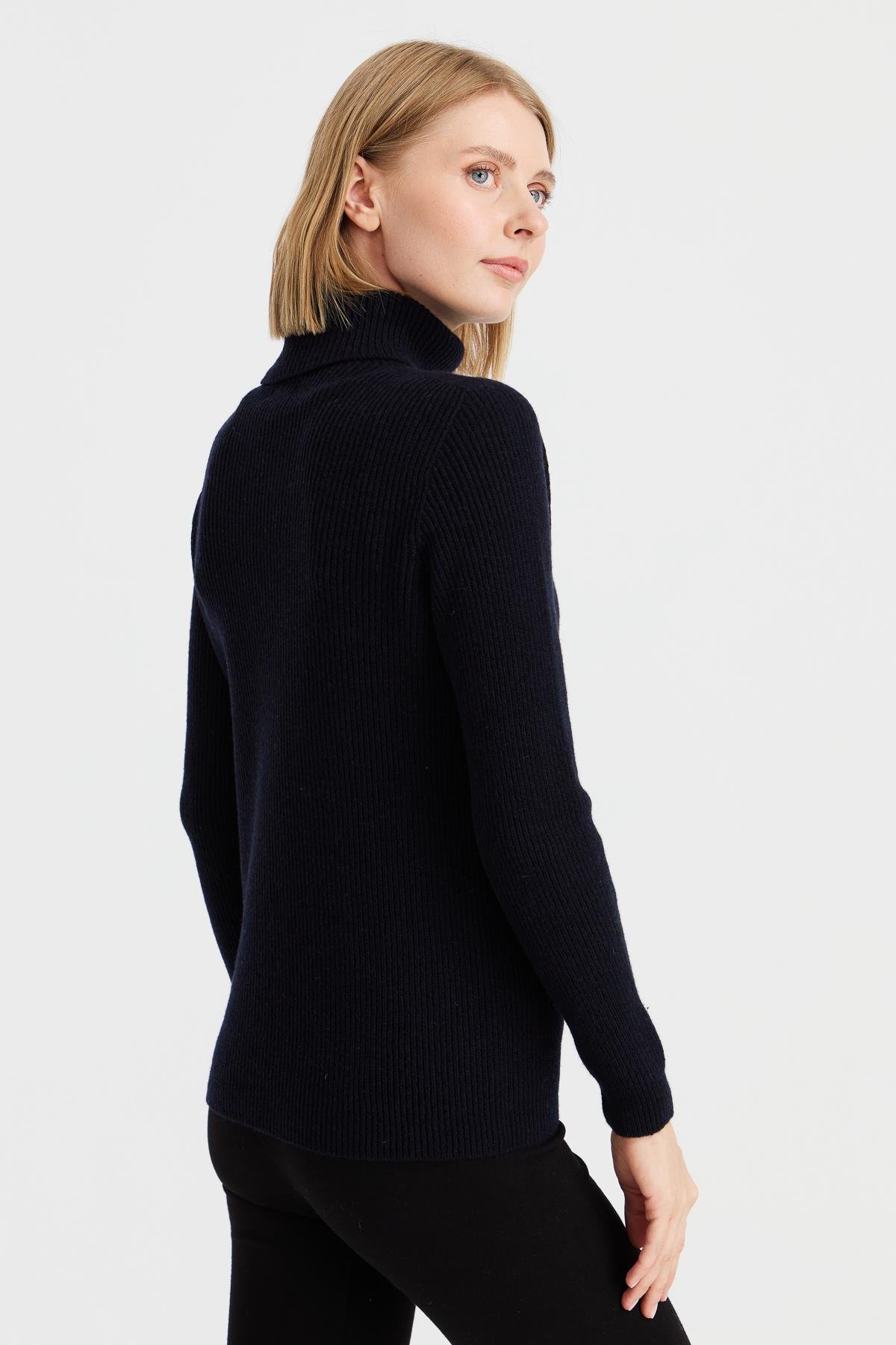 23159Kadın Tam Balıkçı Yaka Kol Ucu Düğmeli Yün Kazak K.Lacivert