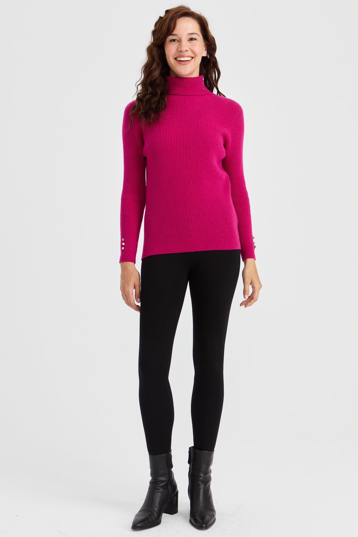 23159Kadın Tam Balıkçı Yaka Kol Ucu Düğmeli Yün Kazak Sıklamen