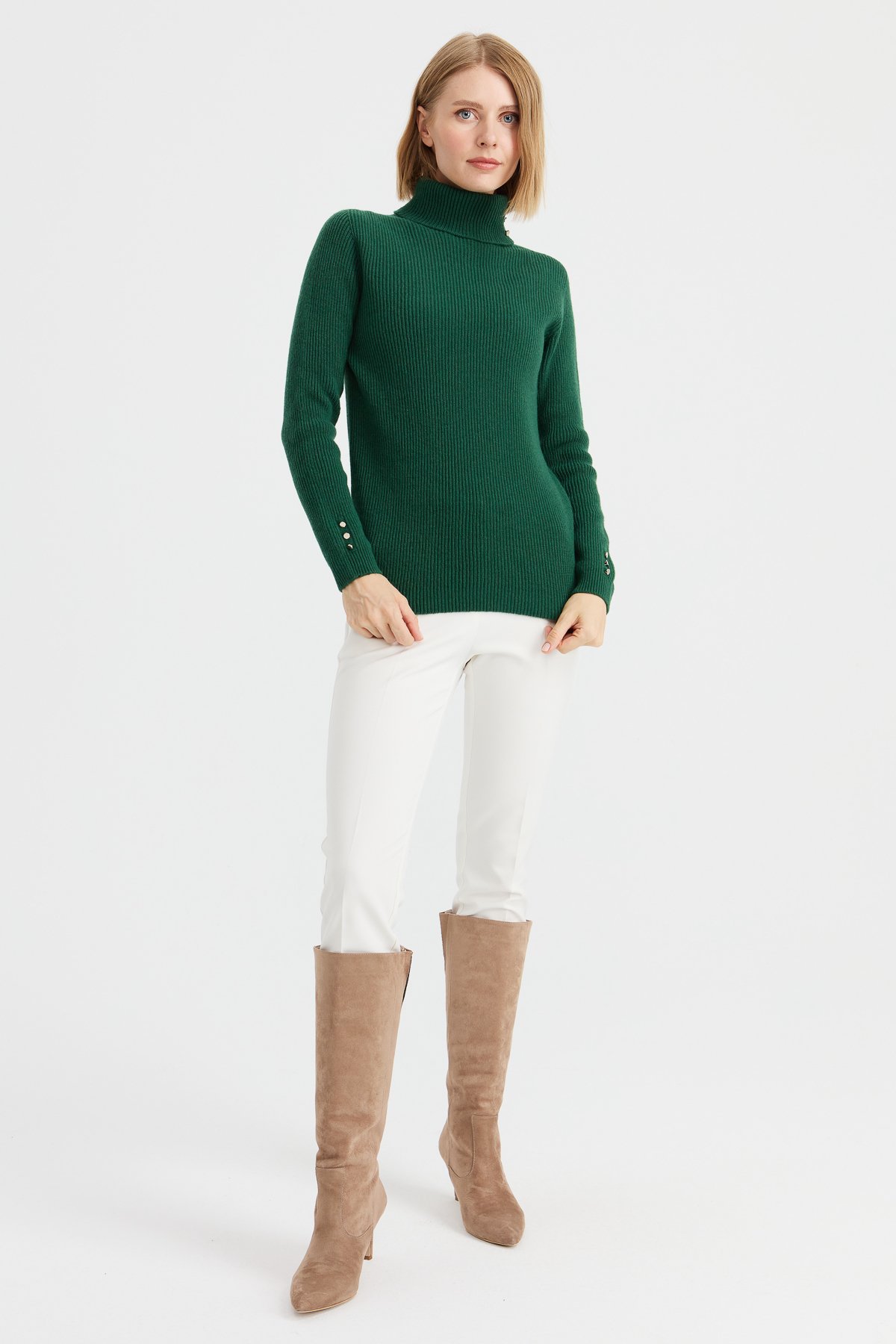 23159Kadın Tam Balıkçı Yaka Kol Ucu Düğmeli Yün Kazak A.Ö.Başı