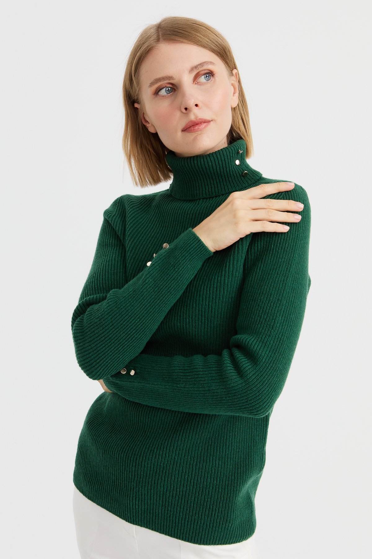 23159Kadın Tam Balıkçı Yaka Kol Ucu Düğmeli Yün Kazak A.Ö.Başı