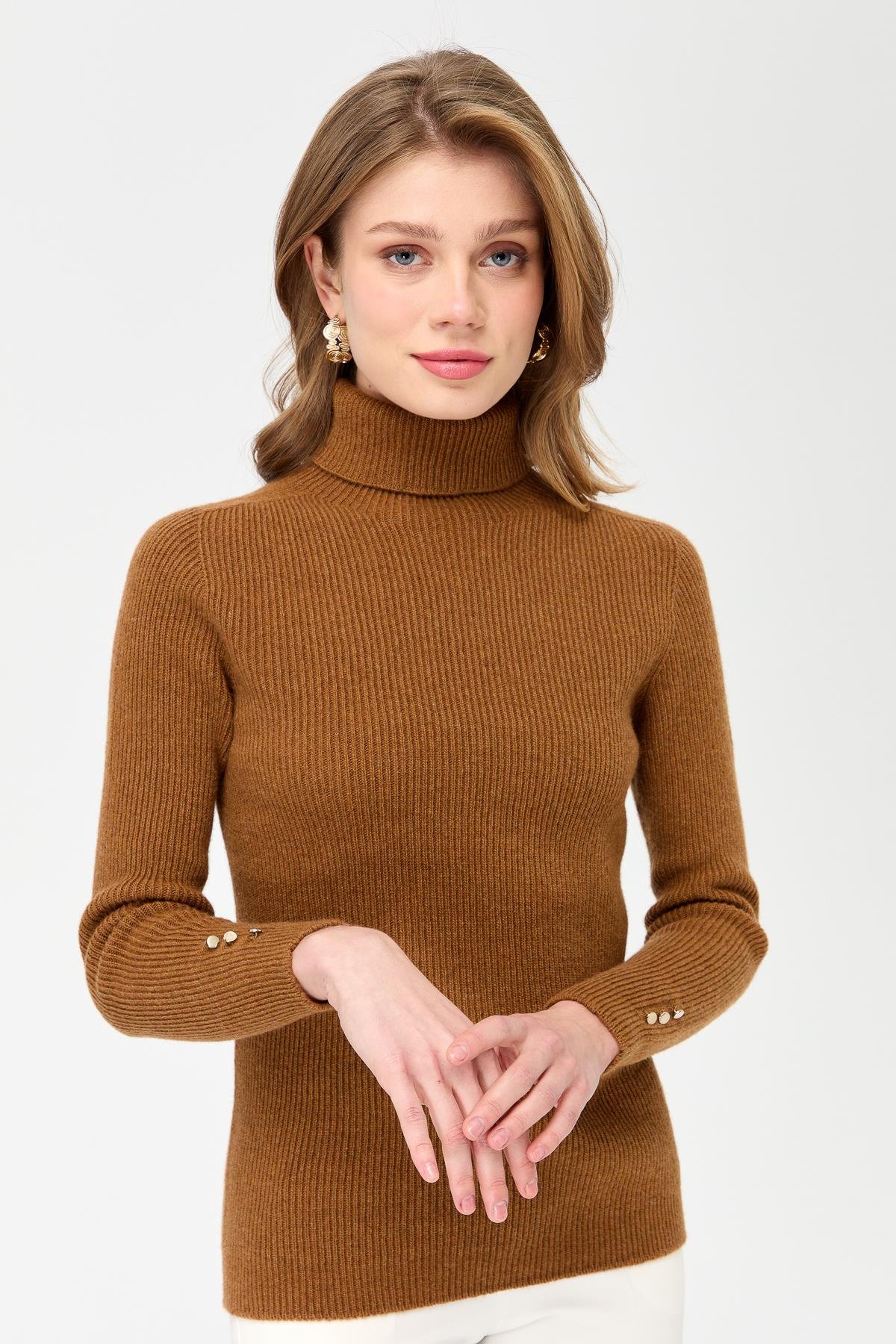 23159Kadın Tam Balıkçı Yaka Kol Ucu Düğmeli Yün Kazak K.taba