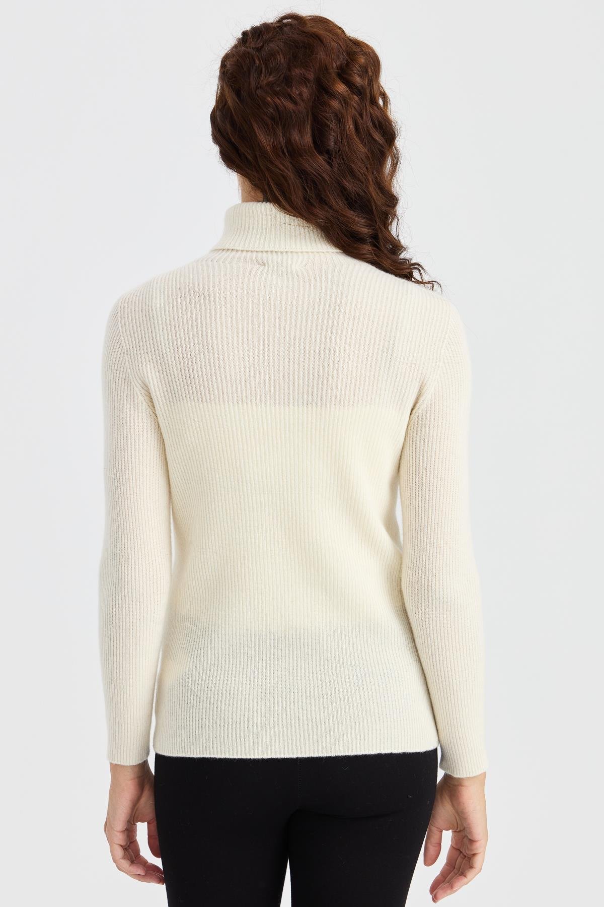 23159Kadın Tam Balıkçı Yaka Kol Ucu Düğmeli Yün Kazak Kemik