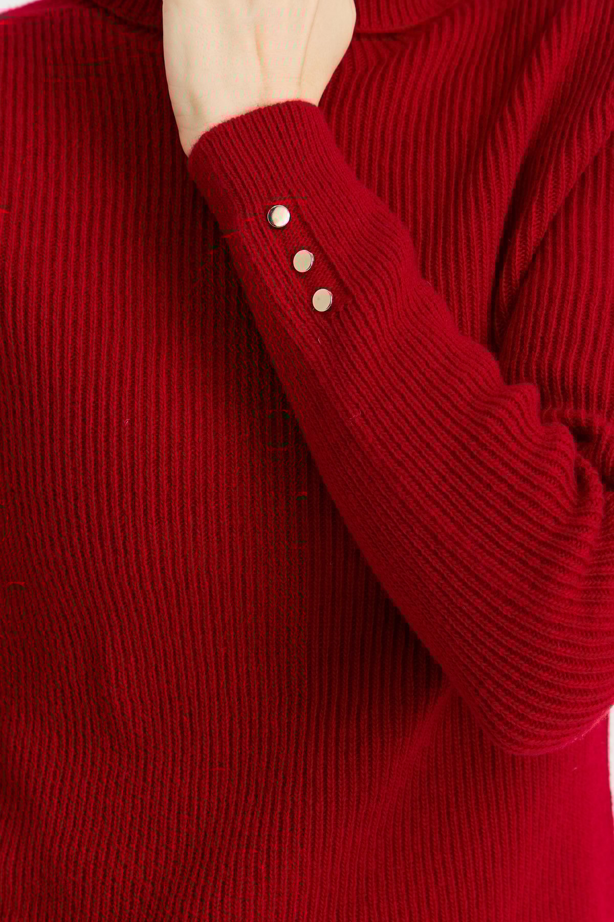 23159Kadın Tam Balıkçı Yaka Kol Ucu Düğmeli Yün Kazak K.Kırmızı