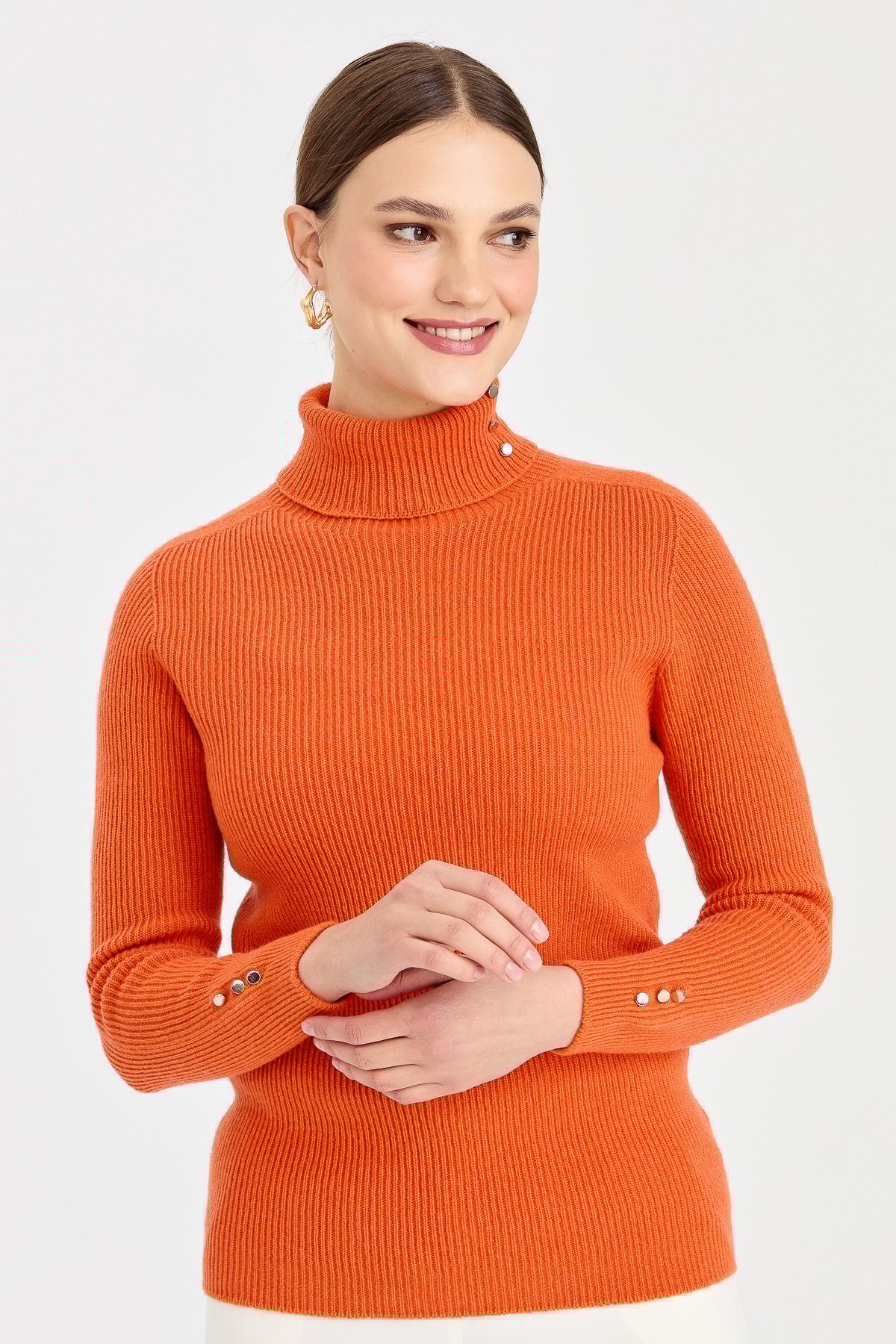 23159Kadın Tam Balıkçı Yaka Kol Ucu Düğmeli Yün Kazak Portakal
