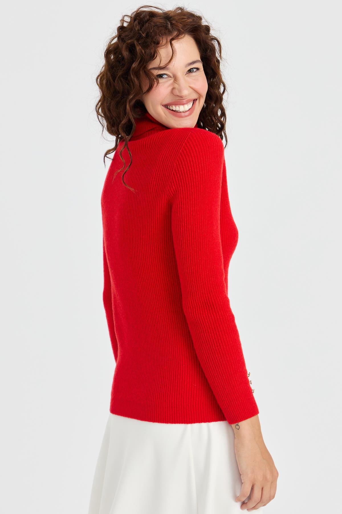 23159Kadın Tam Balıkçı Yaka Kol Ucu Düğmeli Yün Kazak Mercan