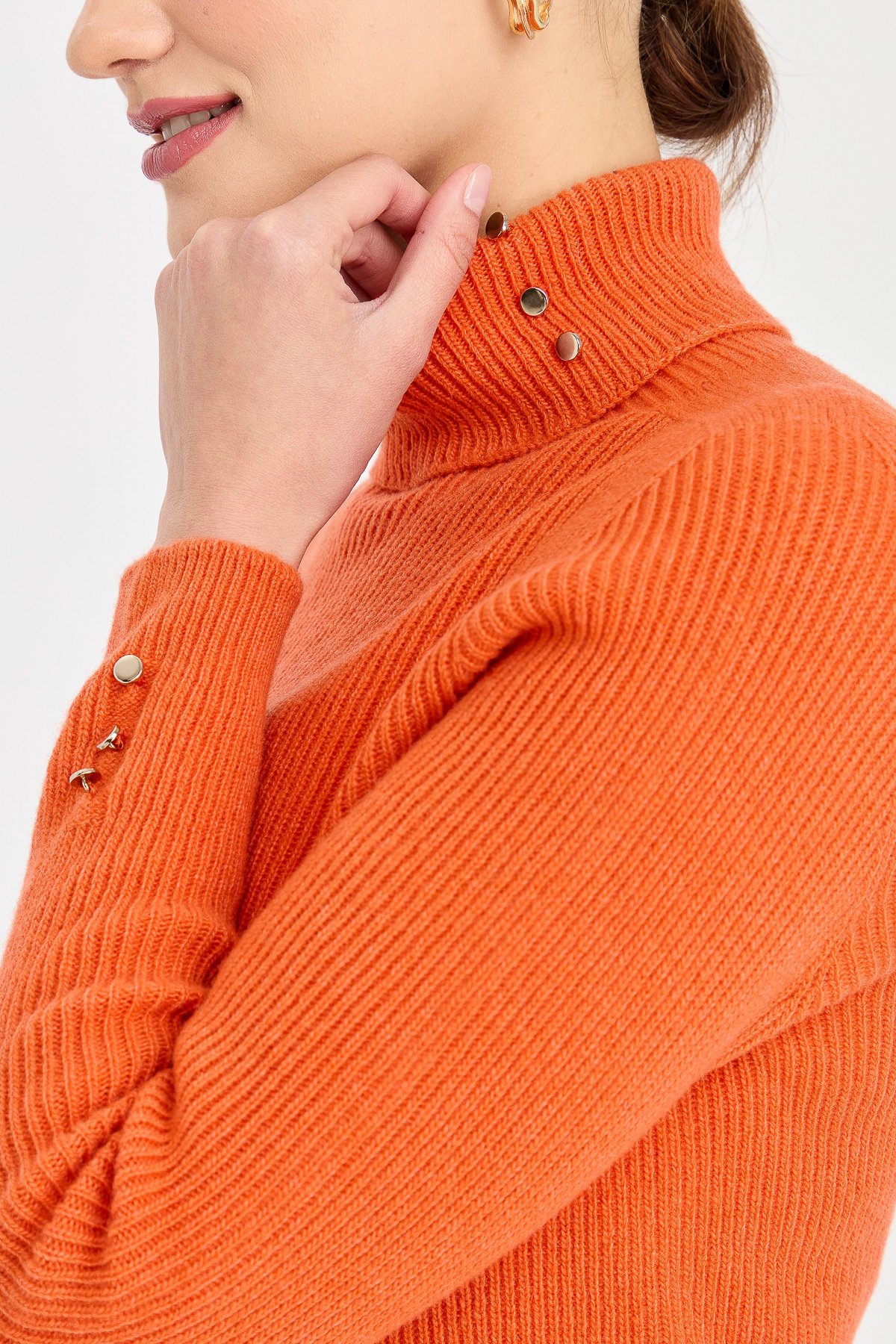 23159Kadın Tam Balıkçı Yaka Kol Ucu Düğmeli Yün Kazak Portakal