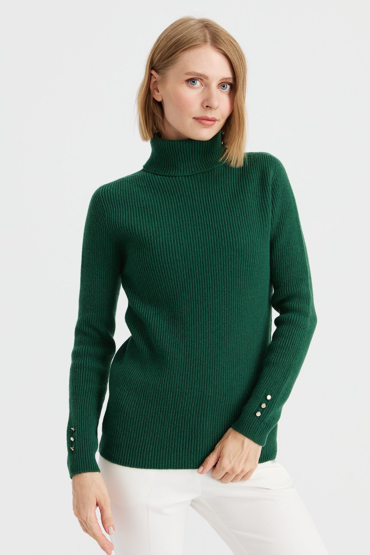 23159Kadın Tam Balıkçı Yaka Kol Ucu Düğmeli Yün Kazak A.Ö.Başı