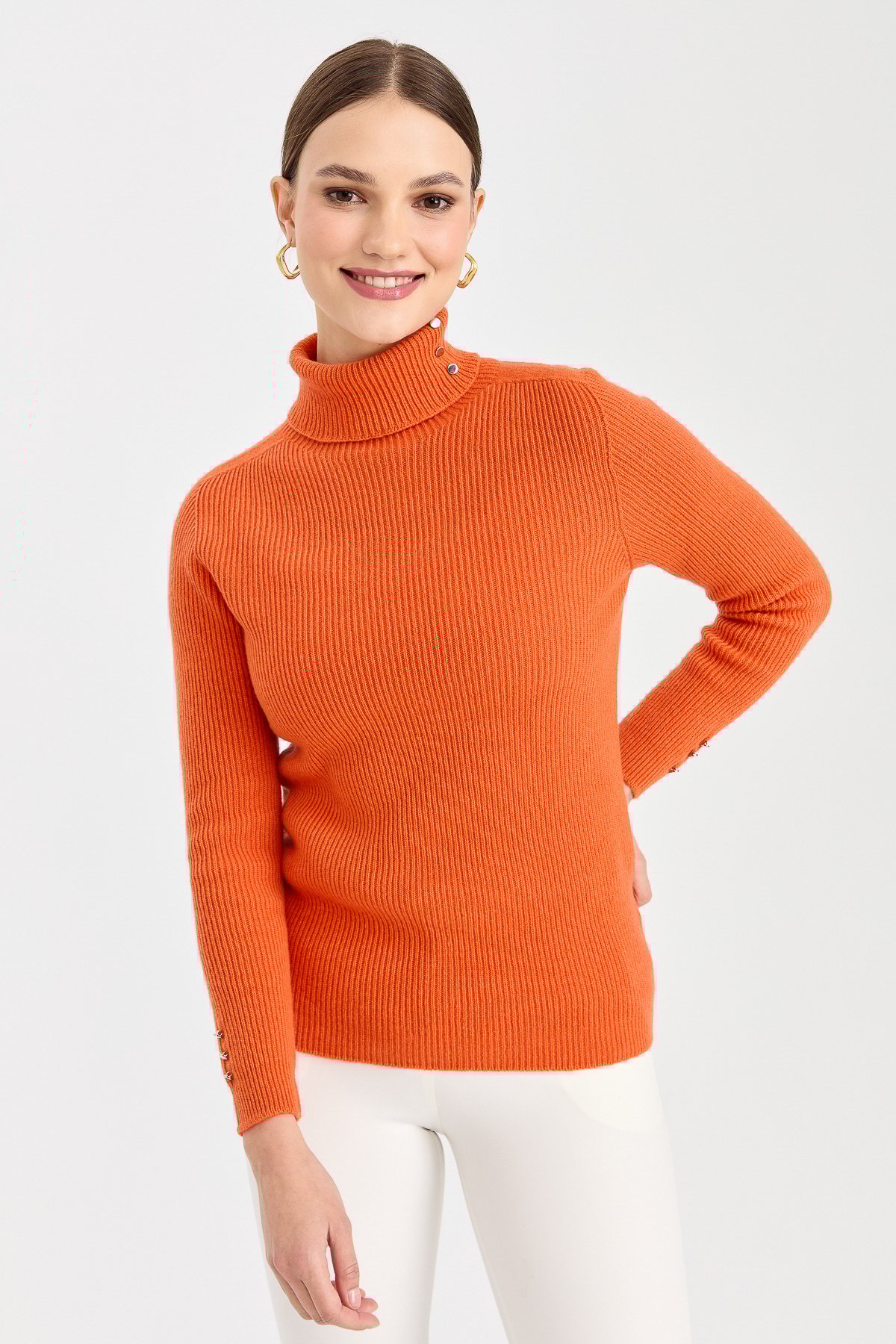 23159Kadın Tam Balıkçı Yaka Kol Ucu Düğmeli Yün Kazak Portakal
