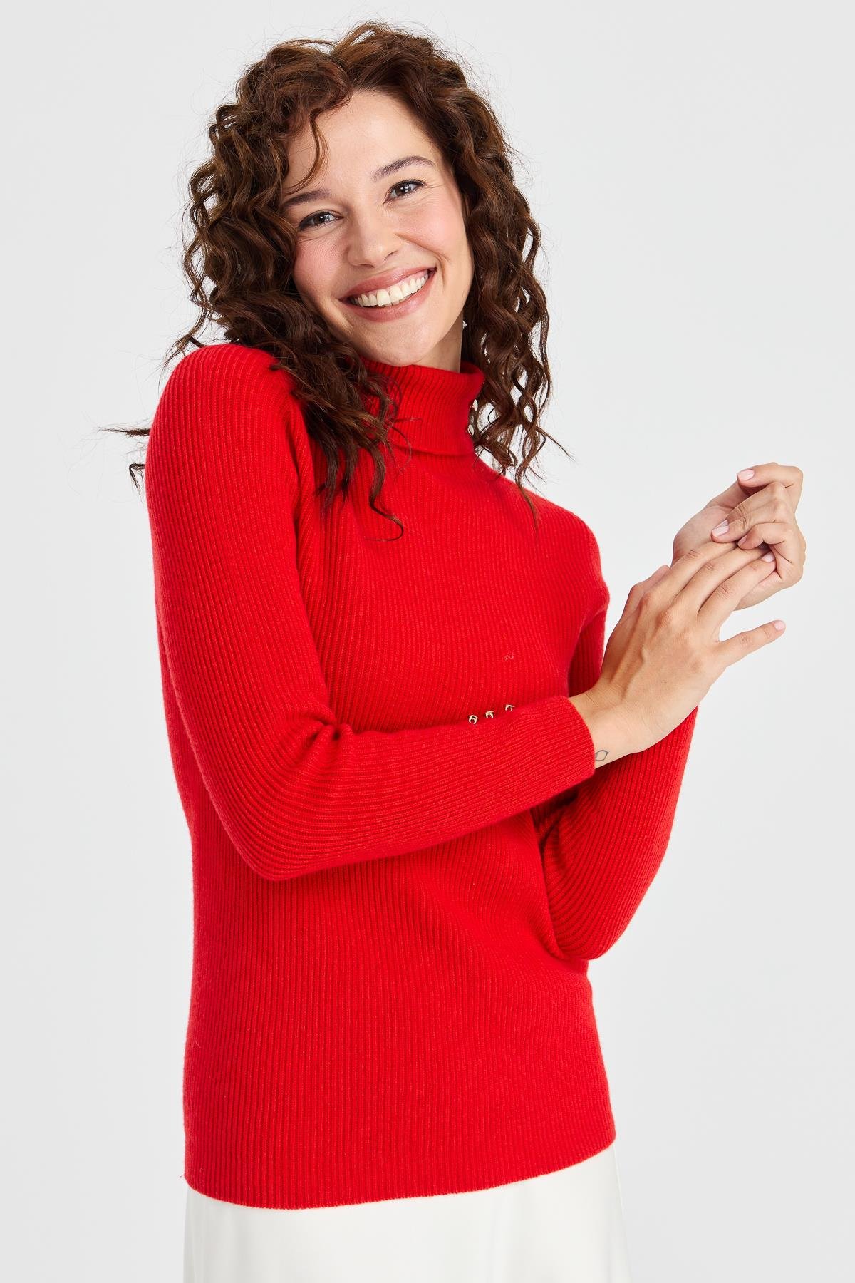 23159Kadın Tam Balıkçı Yaka Kol Ucu Düğmeli Yün Kazak Mercan