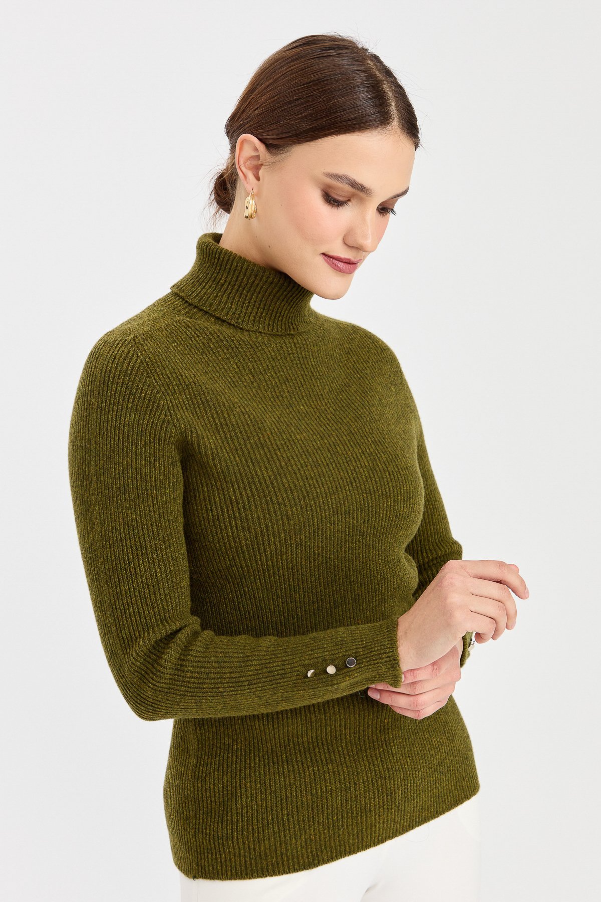 23159Kadın Tam Balıkçı Yaka Kol Ucu Düğmeli Yün Kazak A.K.Yeşili