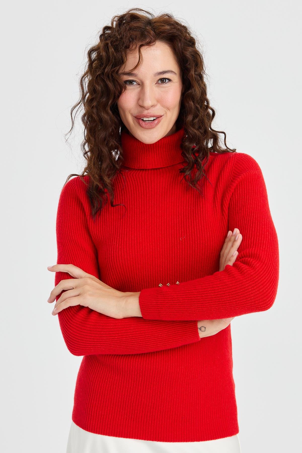 23159Kadın Tam Balıkçı Yaka Kol Ucu Düğmeli Yün Kazak Mercan