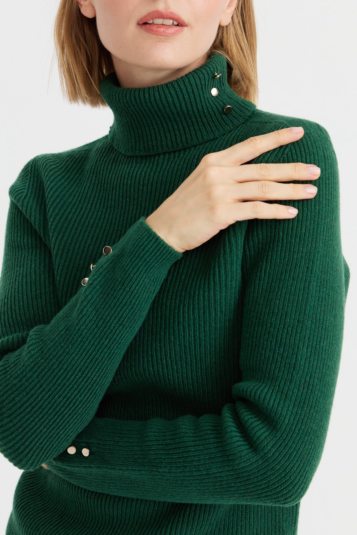 23159Kadın Tam Balıkçı Yaka Kol Ucu Düğmeli Yün Kazak A.Ö.Başı