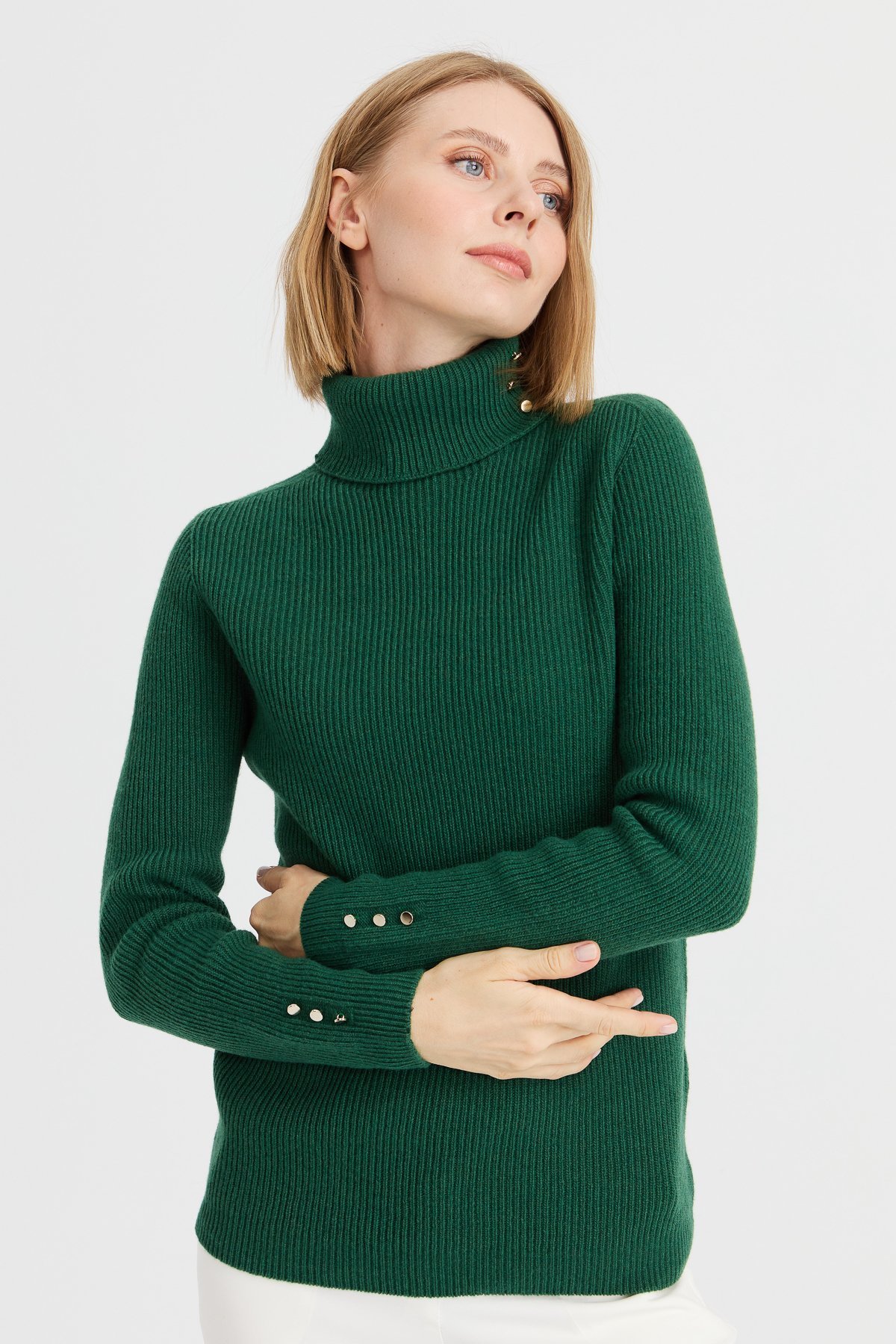 23159Kadın Tam Balıkçı Yaka Kol Ucu Düğmeli Yün Kazak A.Ö.Başı