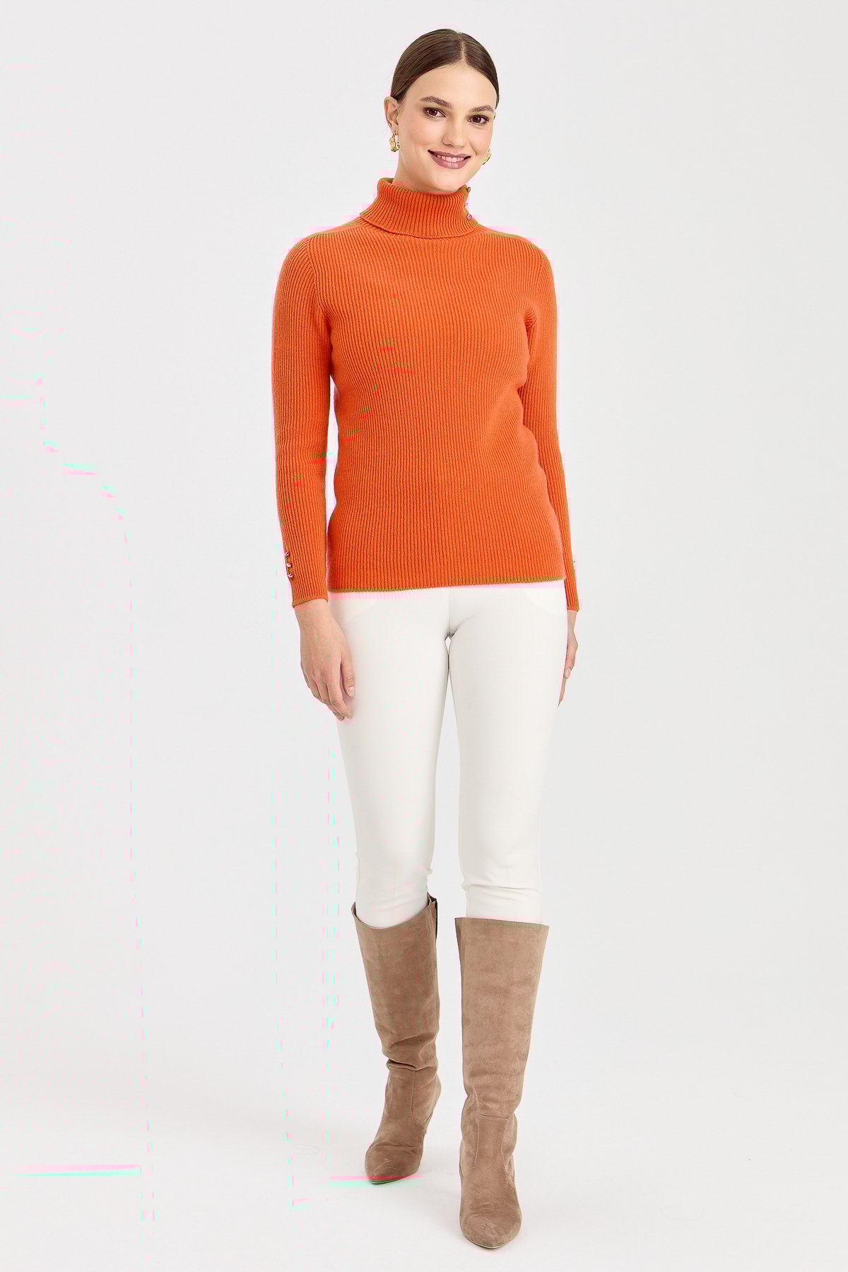 23159Kadın Tam Balıkçı Yaka Kol Ucu Düğmeli Yün Kazak Portakal