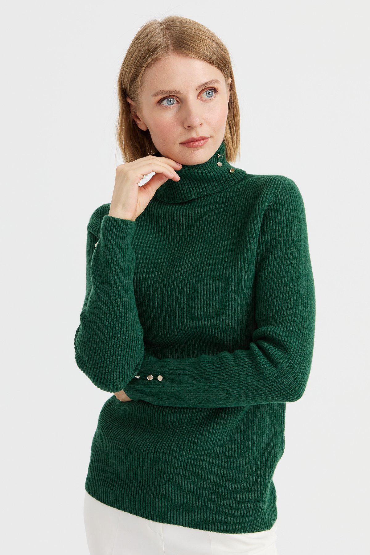 23159Kadın Tam Balıkçı Yaka Kol Ucu Düğmeli Yün Kazak A.Ö.Başı