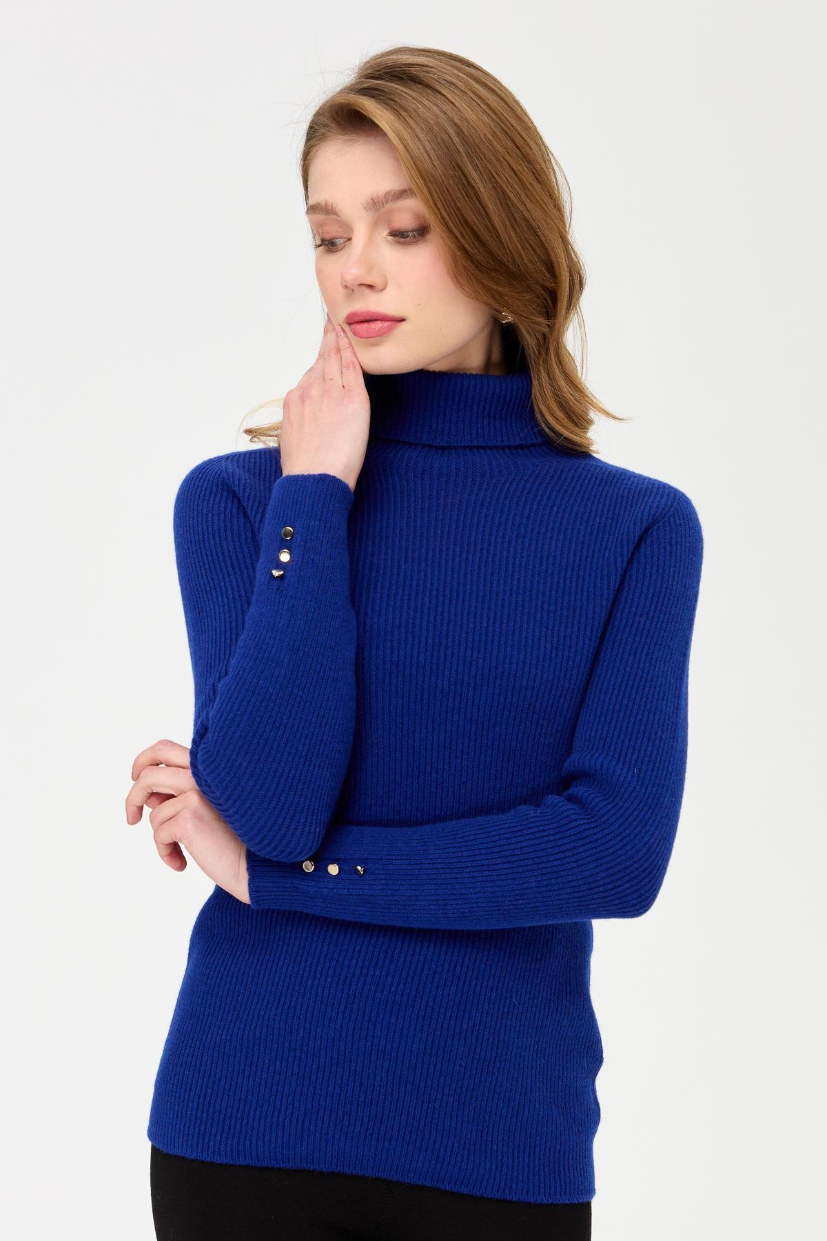 23159Kadın Tam Balıkçı Yaka Kol Ucu Düğmeli Yün Kazak K.S.Mavi