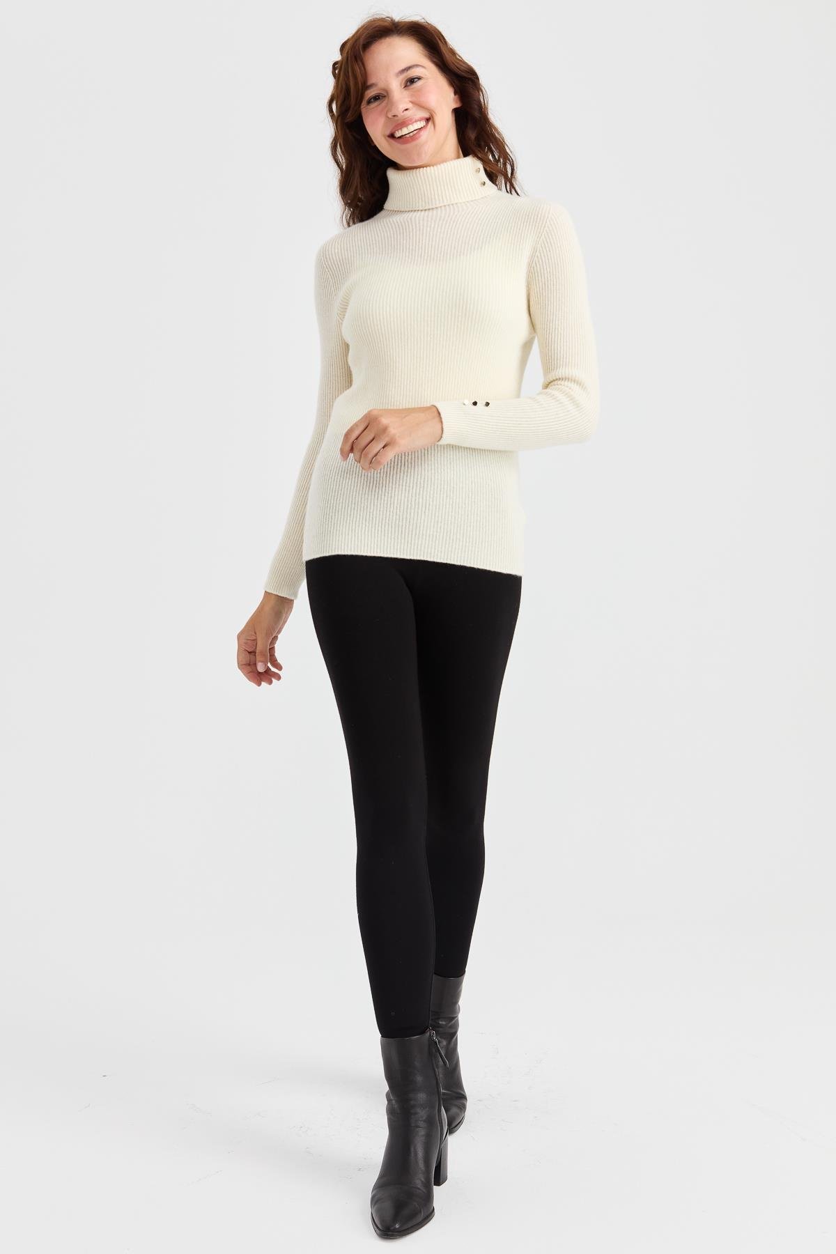 23159Kadın Tam Balıkçı Yaka Kol Ucu Düğmeli Yün Kazak Kemik