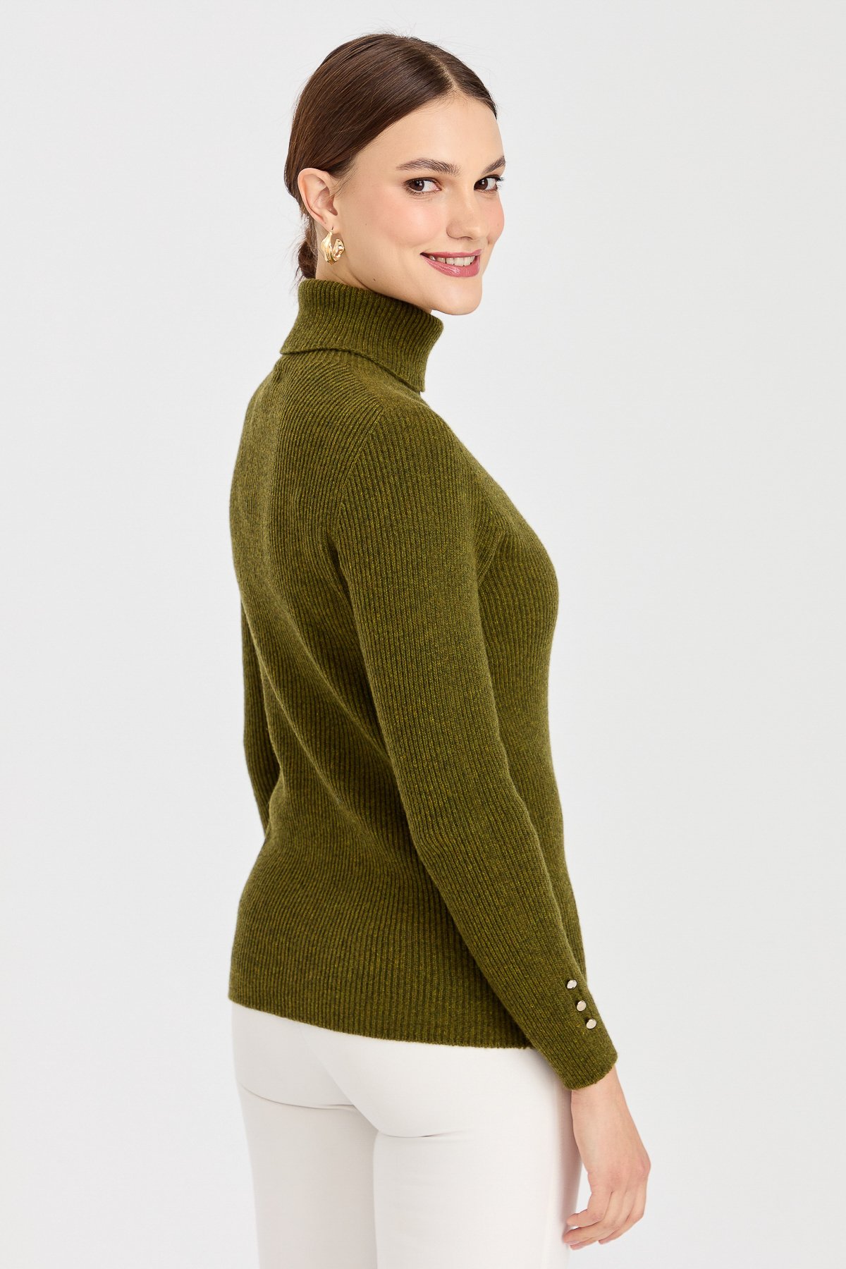 23159Kadın Tam Balıkçı Yaka Kol Ucu Düğmeli Yün Kazak A.K.Yeşili