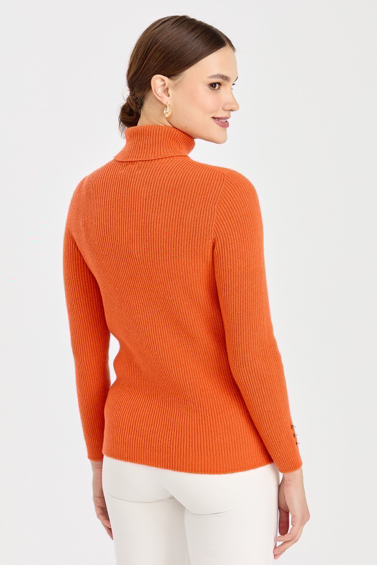 23159Kadın Tam Balıkçı Yaka Kol Ucu Düğmeli Yün Kazak Portakal