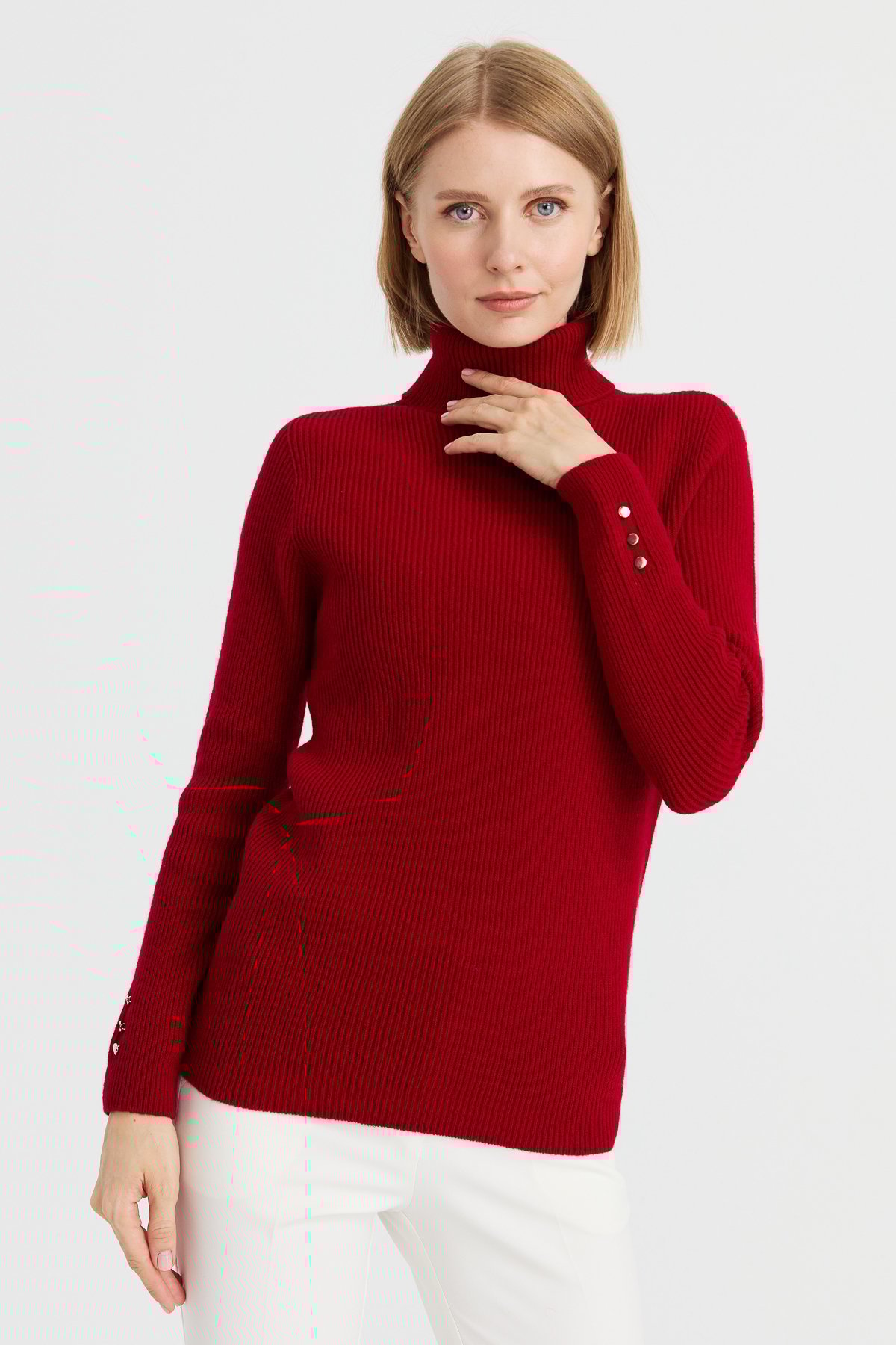 23159Kadın Tam Balıkçı Yaka Kol Ucu Düğmeli Yün Kazak K.Kırmızı