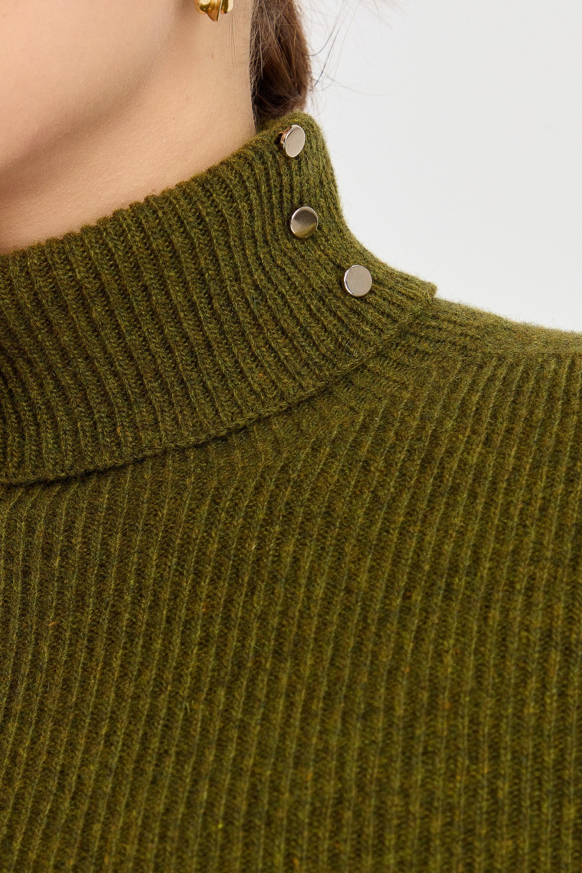 23159Kadın Tam Balıkçı Yaka Kol Ucu Düğmeli Yün Kazak A.K.Yeşili