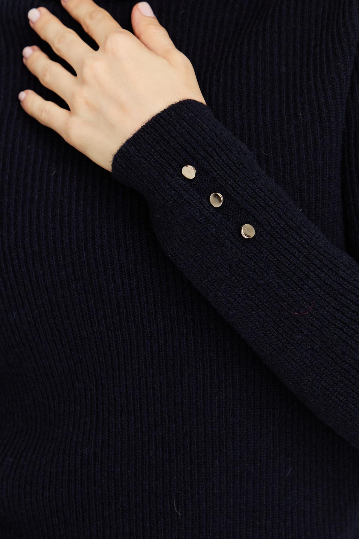 23159Kadın Tam Balıkçı Yaka Kol Ucu Düğmeli Yün Kazak K.Lacivert