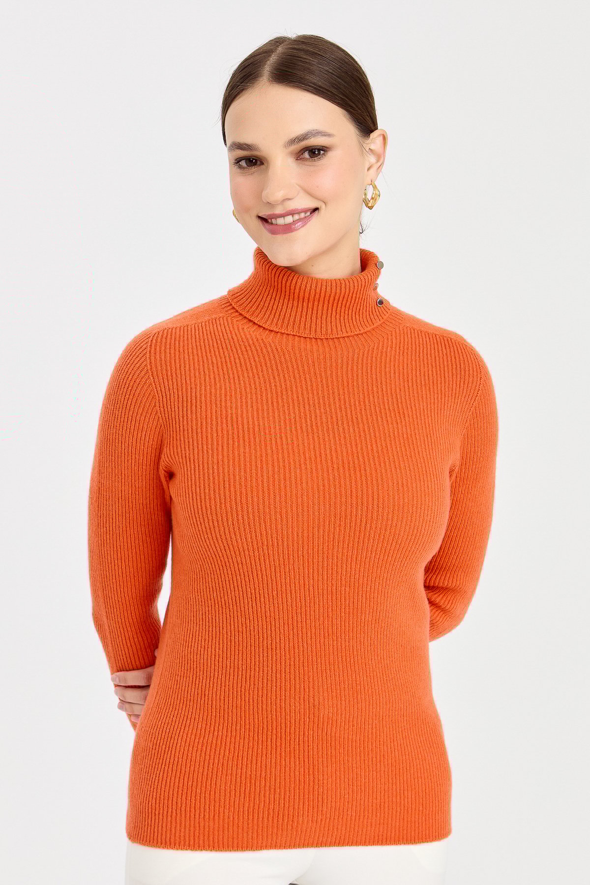 23159Kadın Tam Balıkçı Yaka Kol Ucu Düğmeli Yün Kazak Portakal