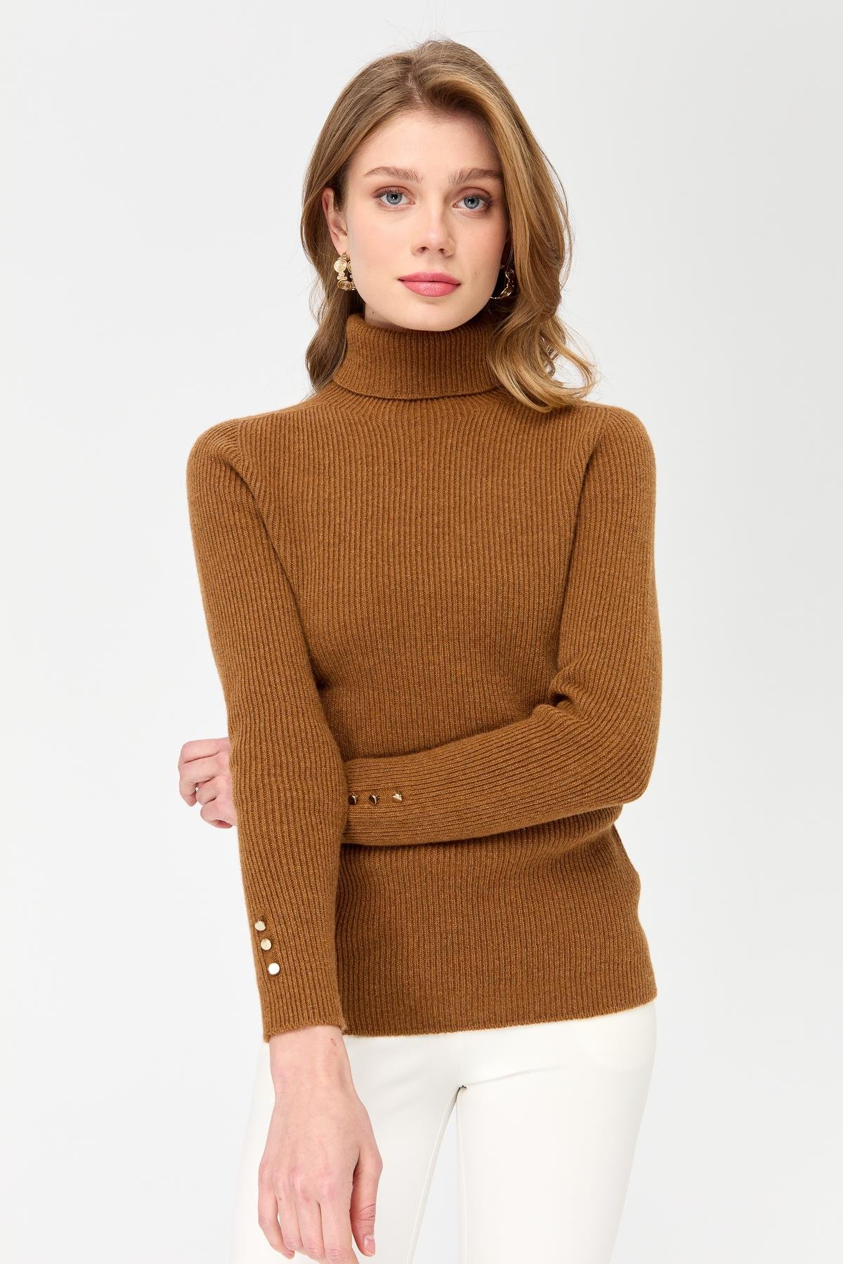 23159Kadın Tam Balıkçı Yaka Kol Ucu Düğmeli Yün Kazak K.taba