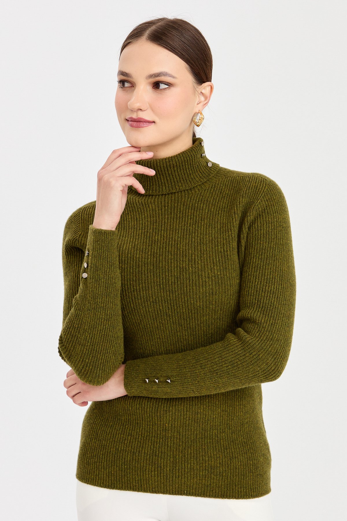 23159Kadın Tam Balıkçı Yaka Kol Ucu Düğmeli Yün Kazak A.K.Yeşili
