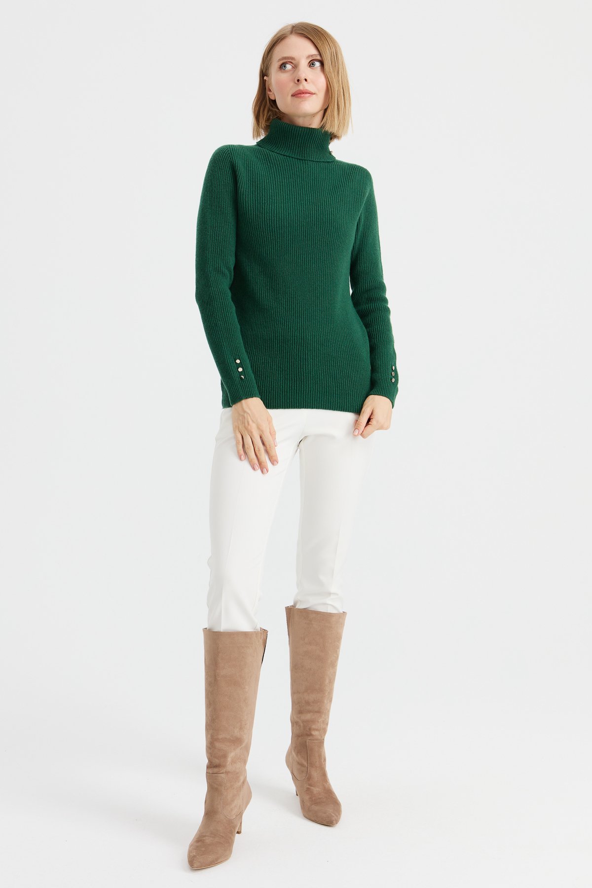 23159Kadın Tam Balıkçı Yaka Kol Ucu Düğmeli Yün Kazak A.Ö.Başı