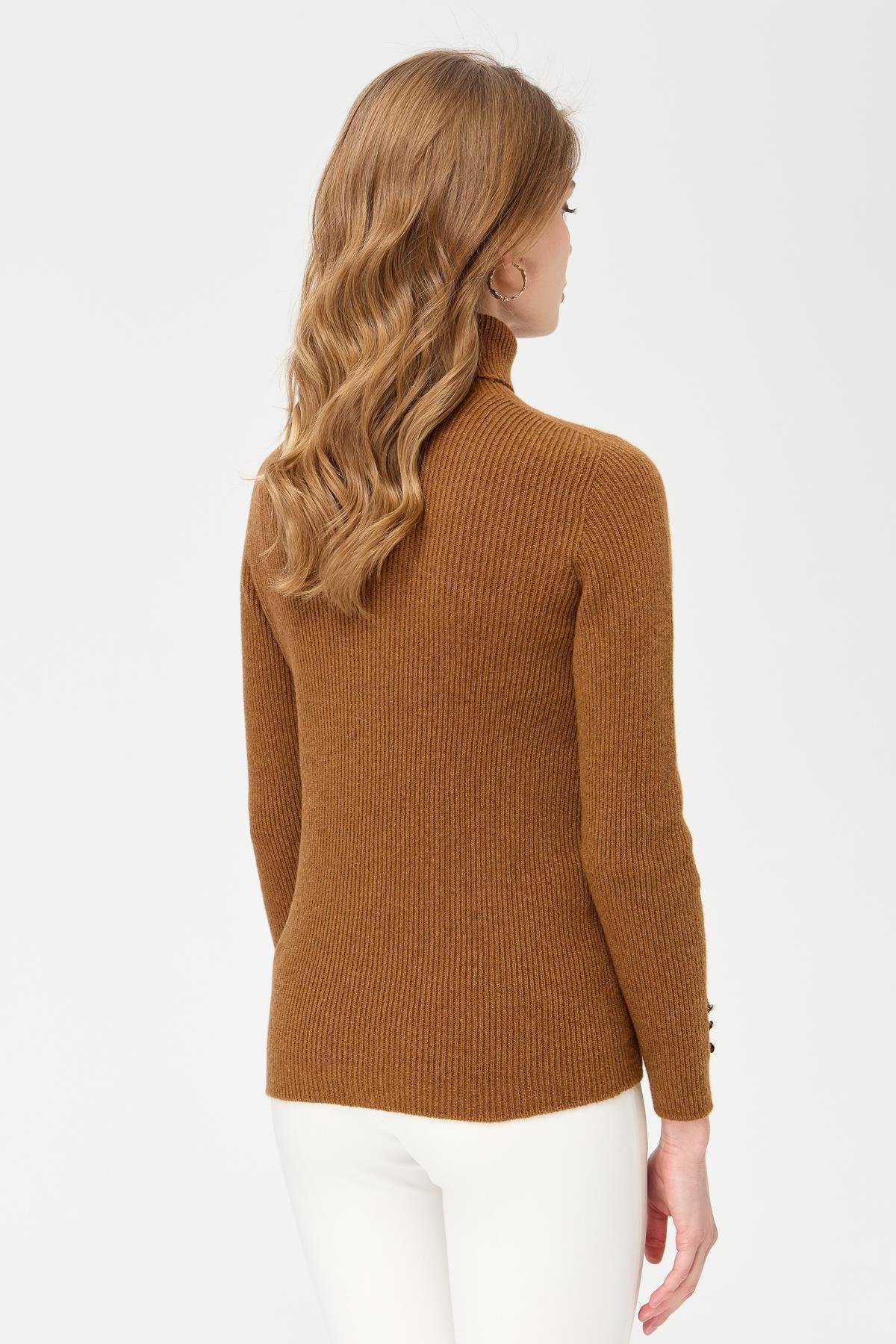 23159Kadın Tam Balıkçı Yaka Kol Ucu Düğmeli Yün Kazak K.taba