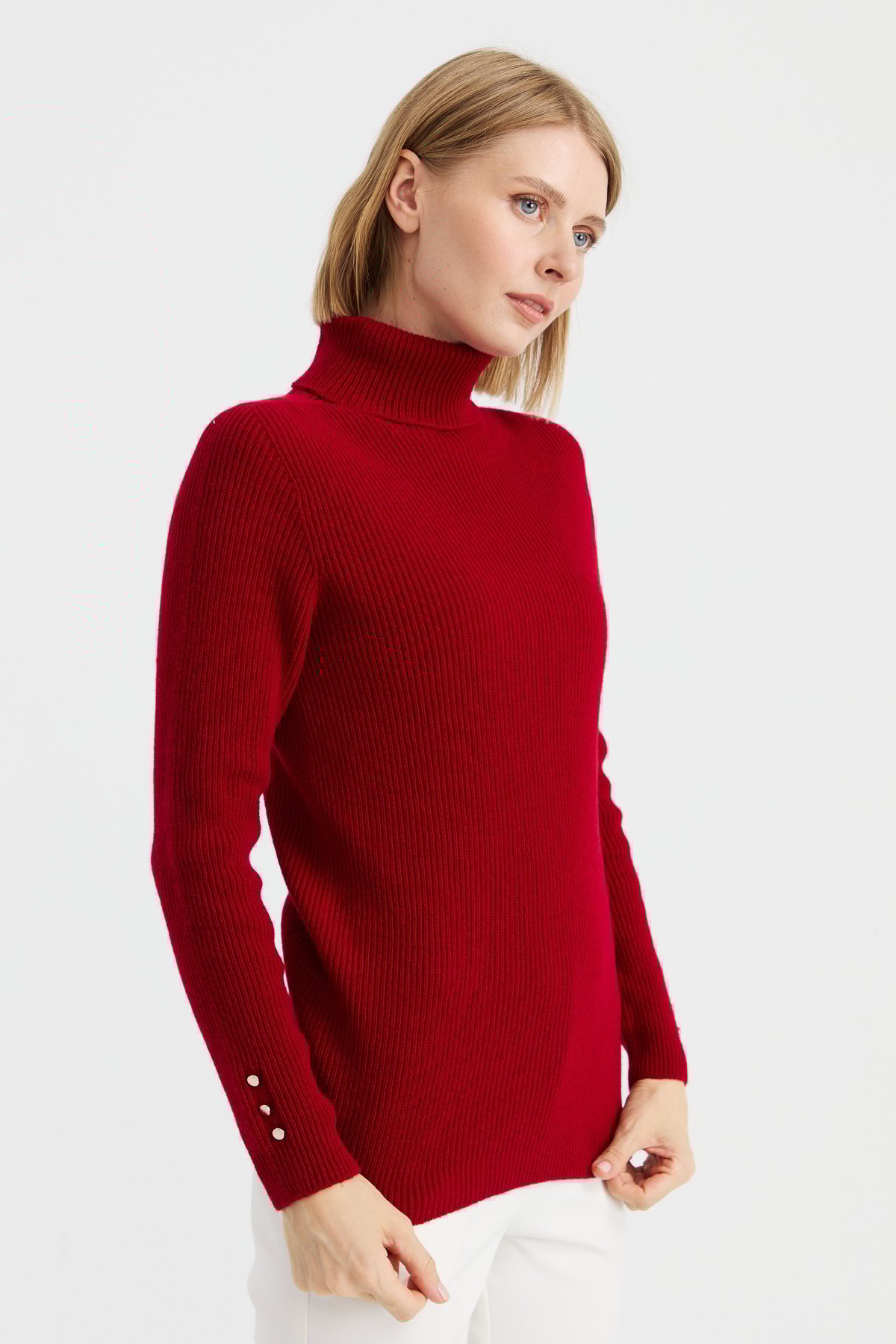 23159Kadın Tam Balıkçı Yaka Kol Ucu Düğmeli Yün Kazak K.Kırmızı