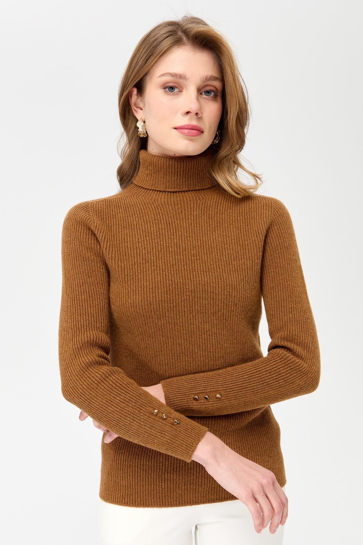 23159Kadın Tam Balıkçı Yaka Kol Ucu Düğmeli Yün Kazak K.taba