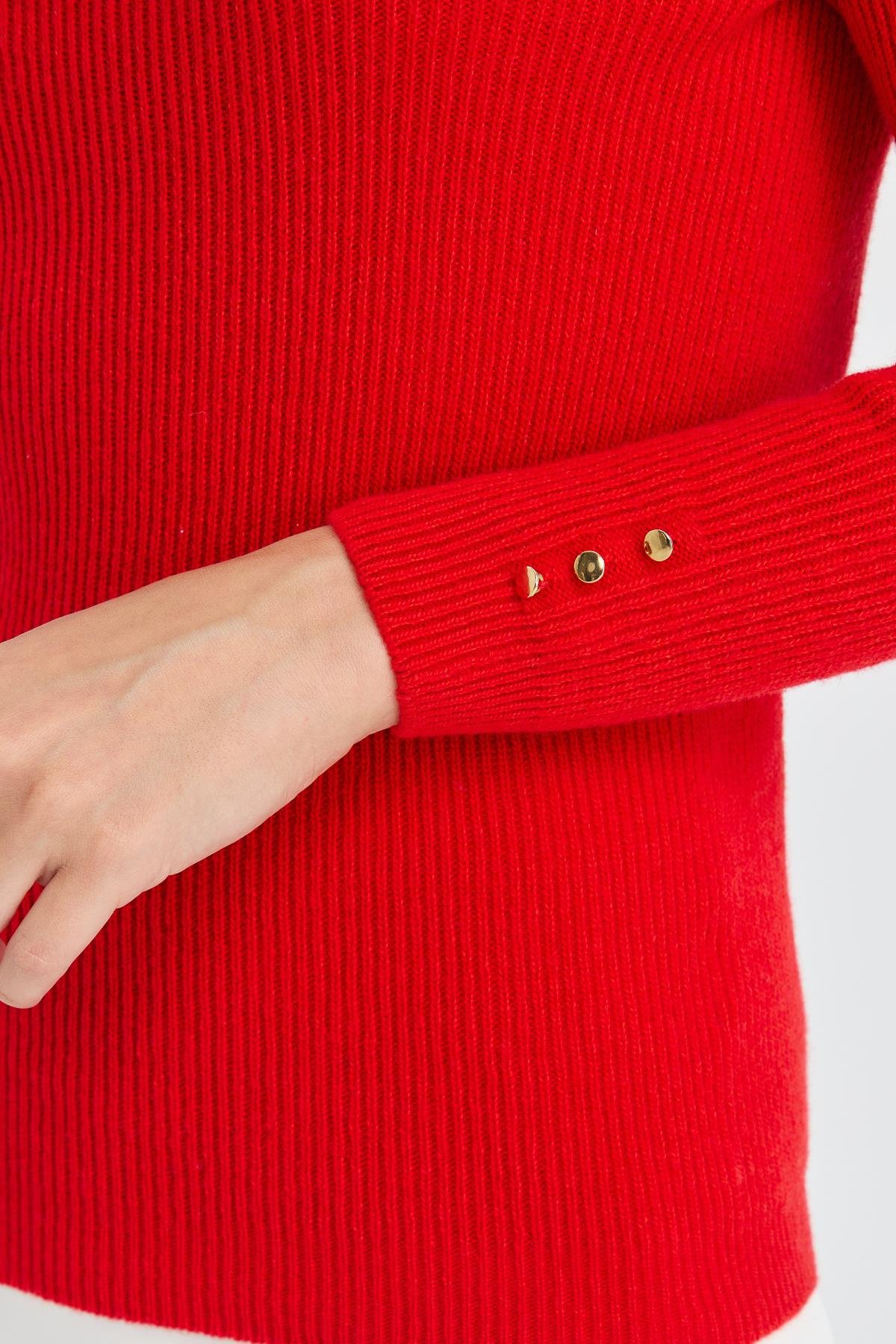 23159Kadın Tam Balıkçı Yaka Kol Ucu Düğmeli Yün Kazak Mercan