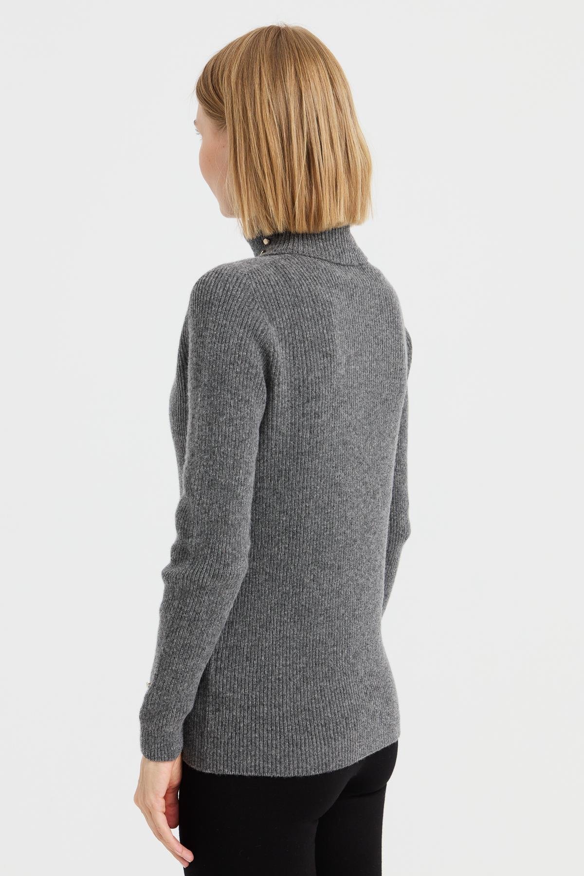 23159Kadın Tam Balıkçı Yaka Kol Ucu Düğmeli Yün Kazak Füme