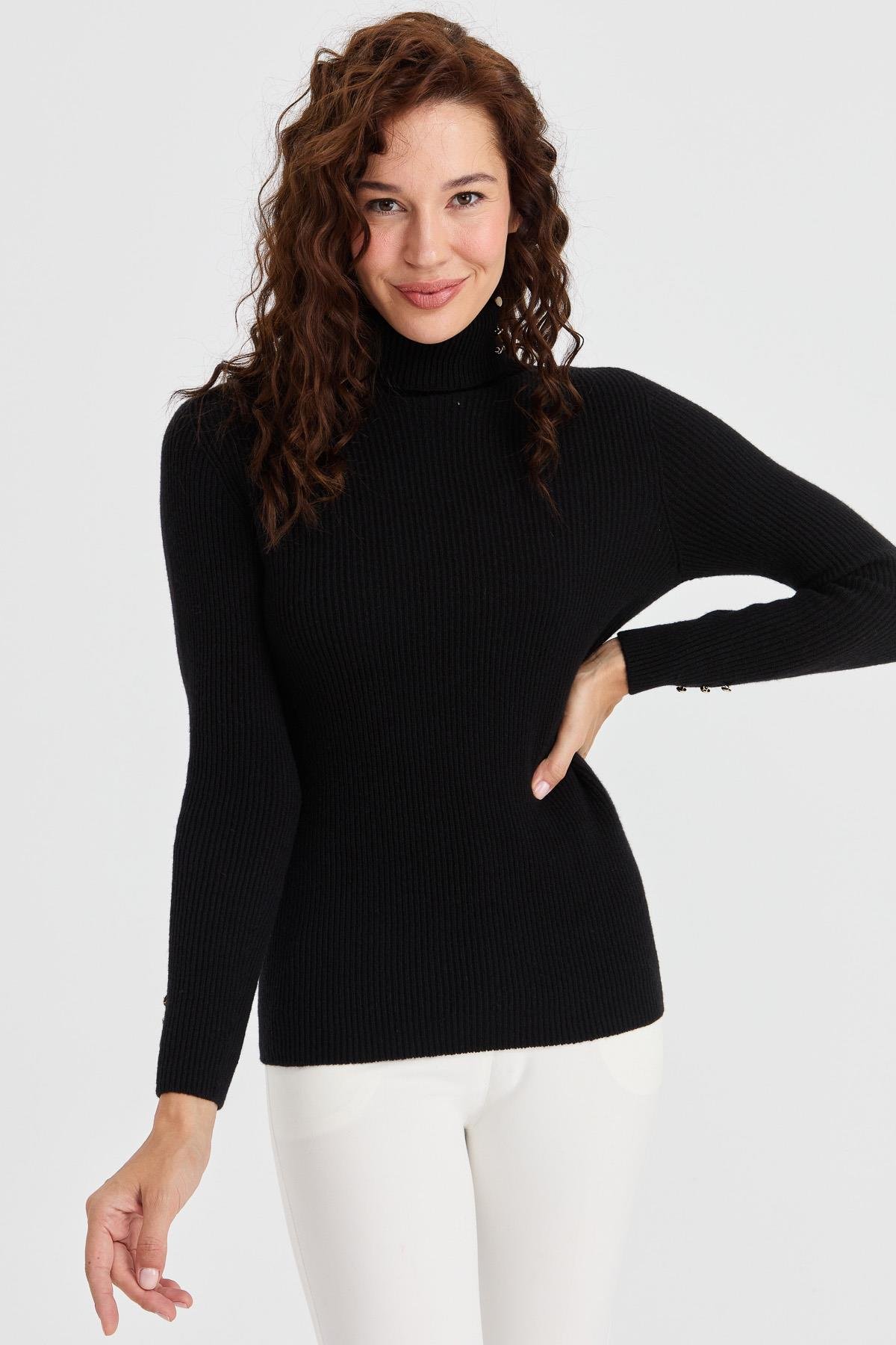 23159Kadın Tam Balıkçı Yaka Kol Ucu Düğmeli Yün Kazak Siyah