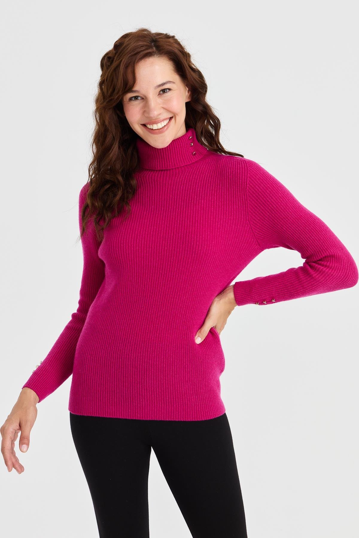 23159Kadın Tam Balıkçı Yaka Kol Ucu Düğmeli Yün Kazak Sıklamen