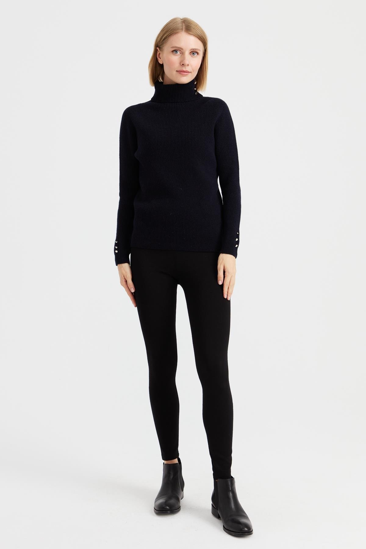 23159Kadın Tam Balıkçı Yaka Kol Ucu Düğmeli Yün Kazak K.Lacivert