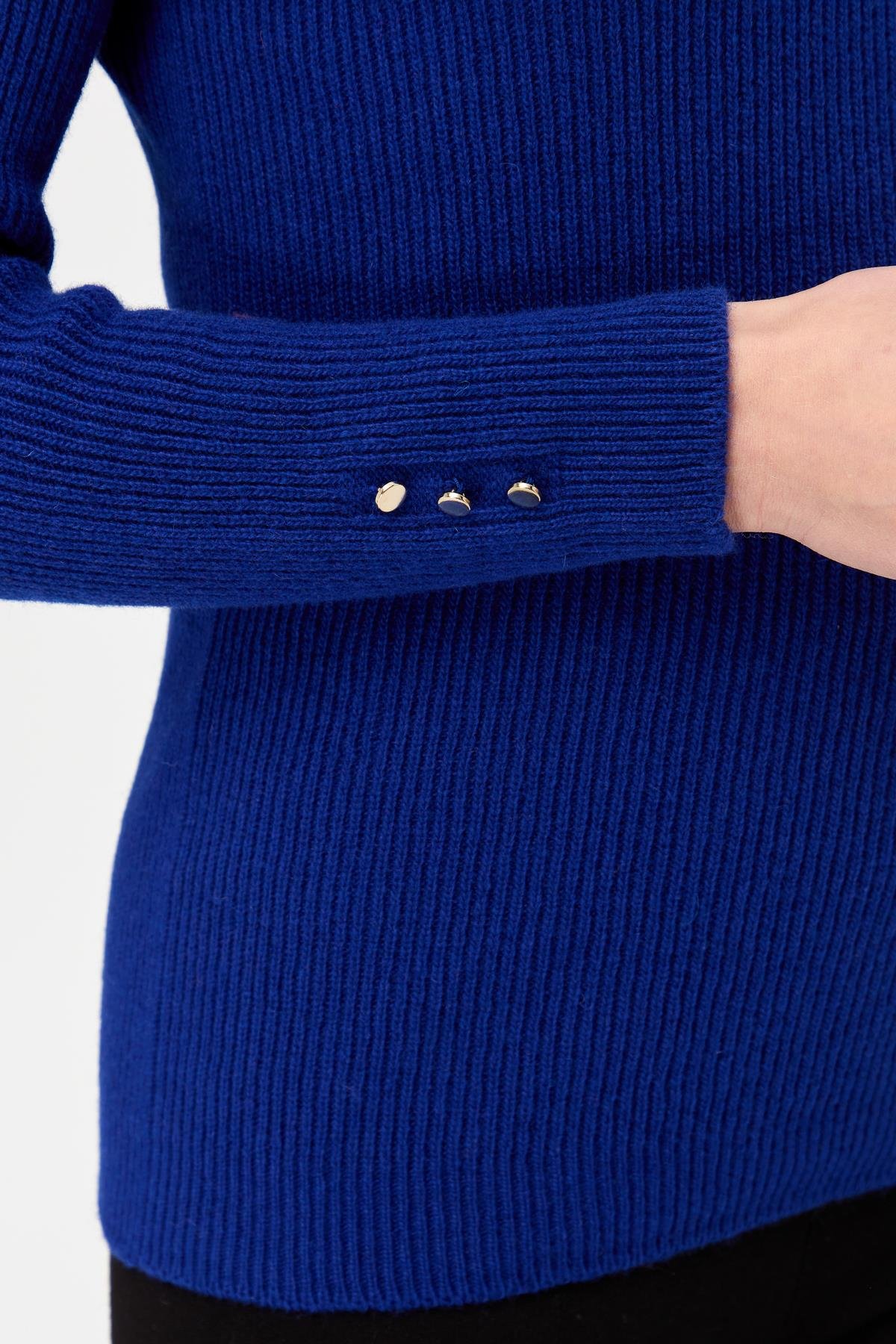 23159Kadın Tam Balıkçı Yaka Kol Ucu Düğmeli Yün Kazak K.S.Mavi