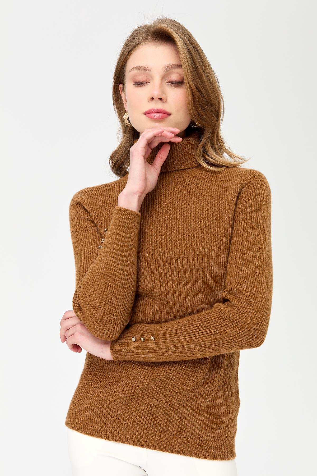 23159Kadın Tam Balıkçı Yaka Kol Ucu Düğmeli Yün Kazak K.taba