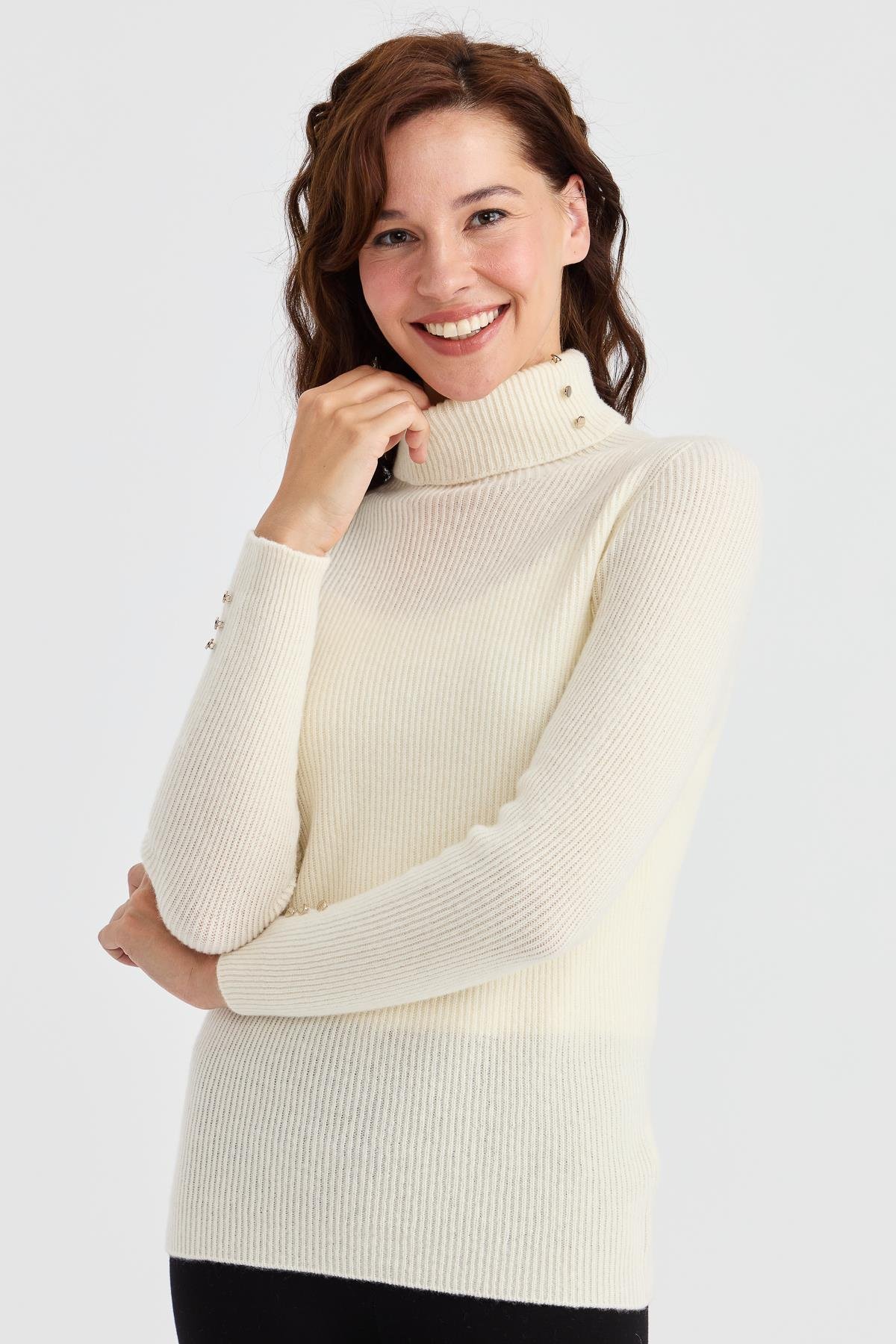 23159Kadın Tam Balıkçı Yaka Kol Ucu Düğmeli Yün Kazak Kemik