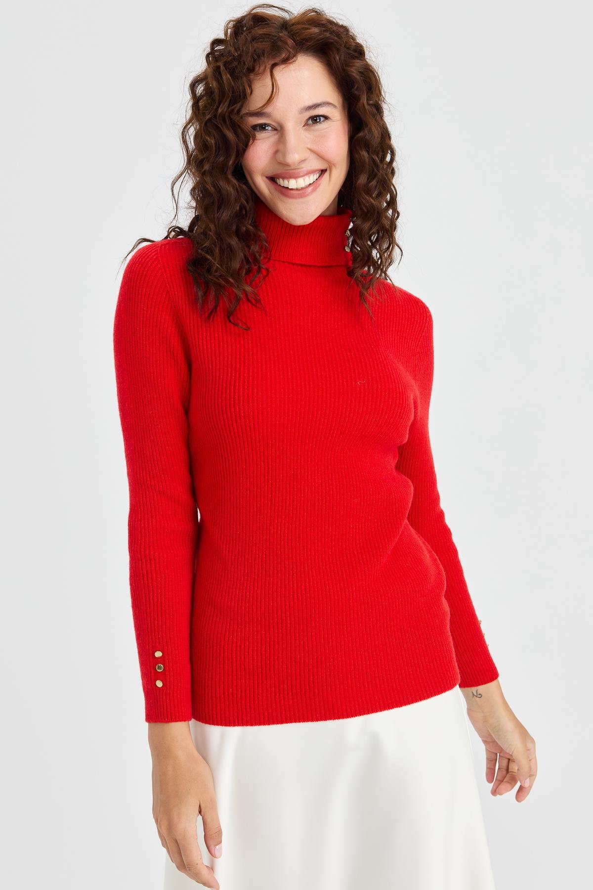 23159Kadın Tam Balıkçı Yaka Kol Ucu Düğmeli Yün Kazak Mercan