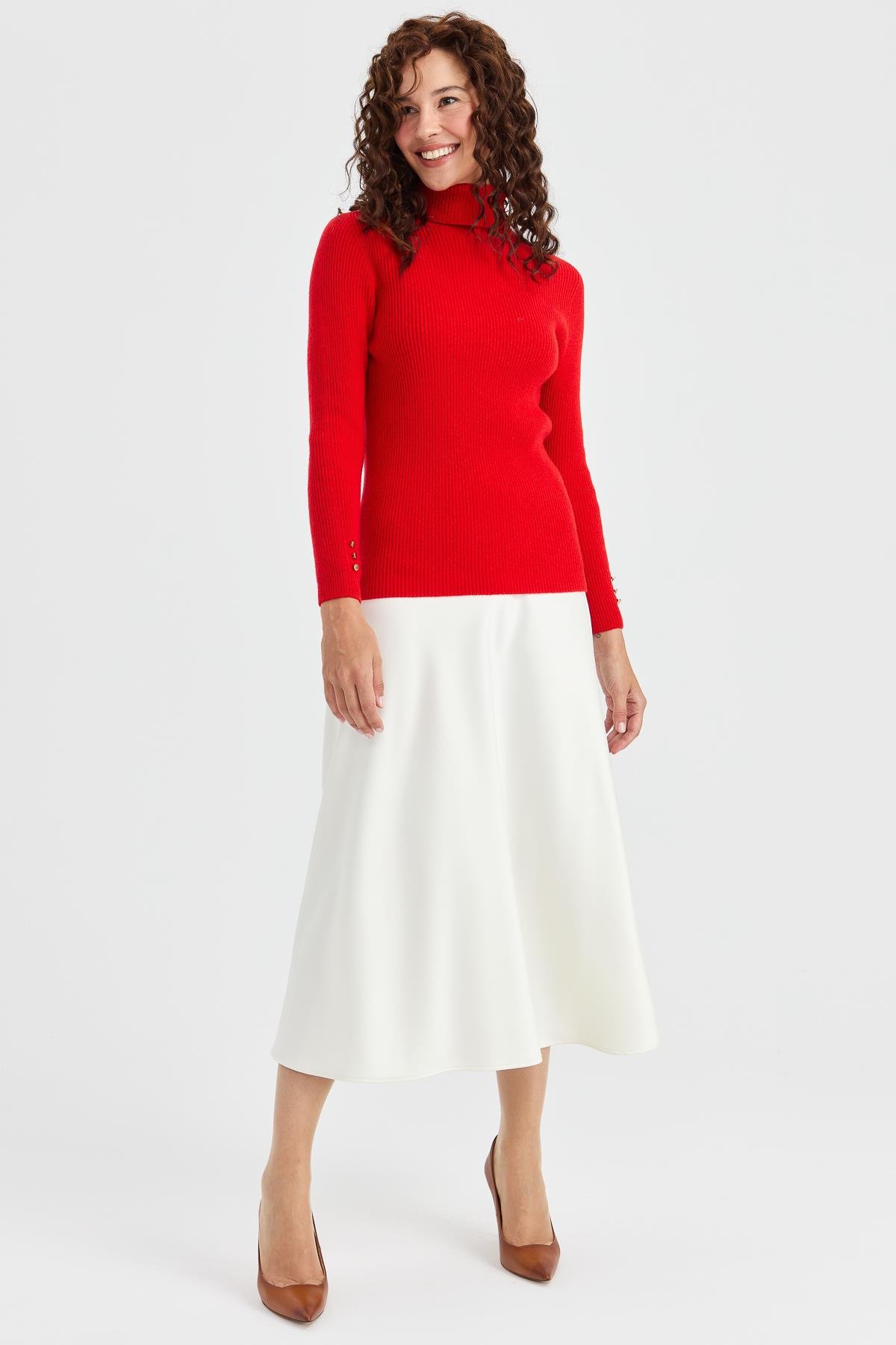 23159Kadın Tam Balıkçı Yaka Kol Ucu Düğmeli Yün Kazak Mercan