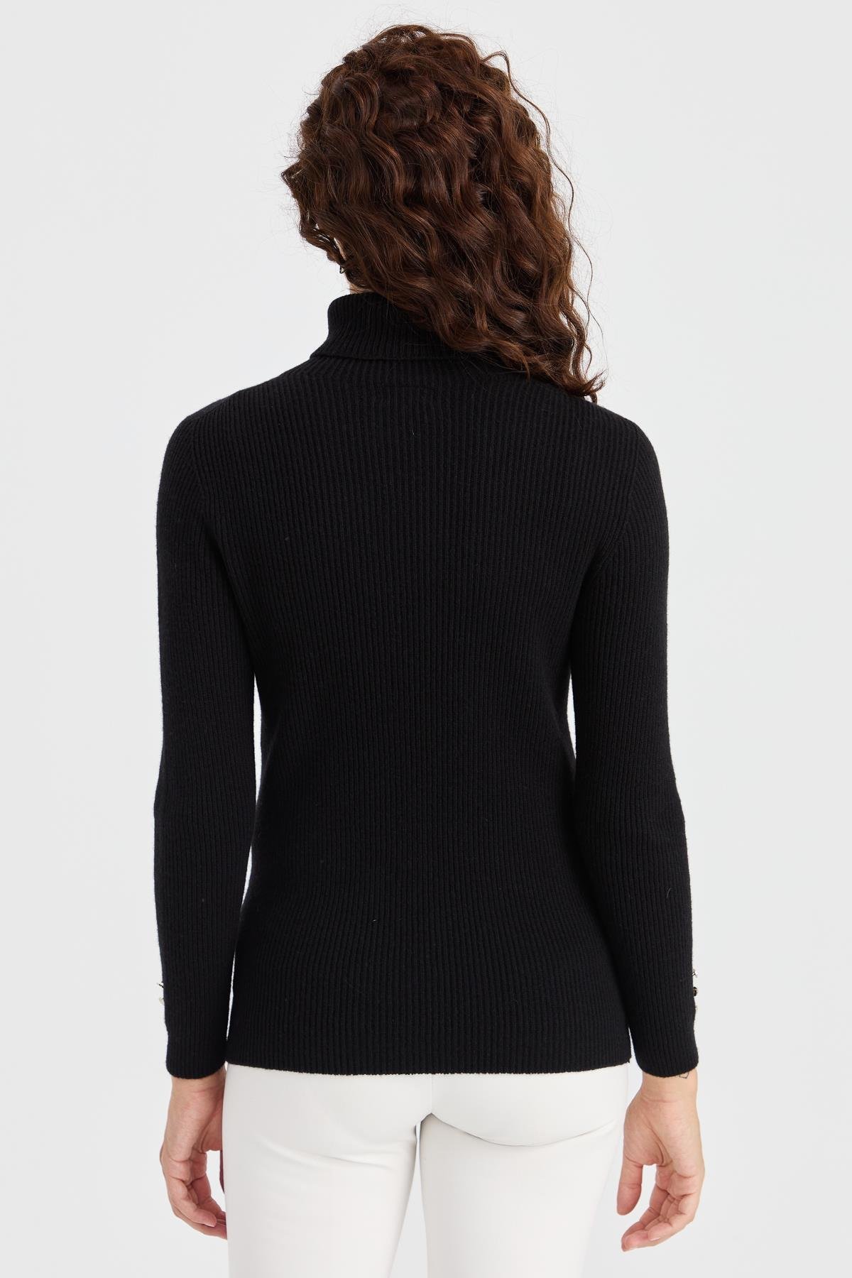 23159Kadın Tam Balıkçı Yaka Kol Ucu Düğmeli Yün Kazak Siyah