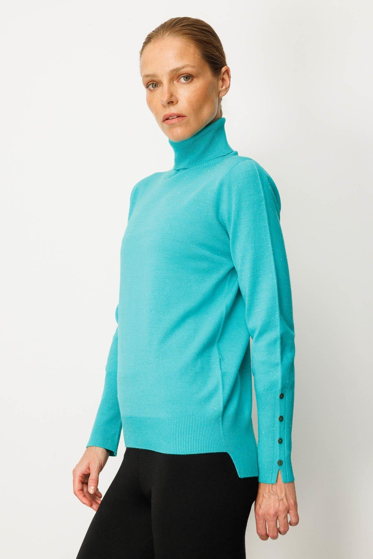 22330Kadın Tam Balıkçı Yaka Kol Ucu Yırtmaçlı Kazak S.Yeşili