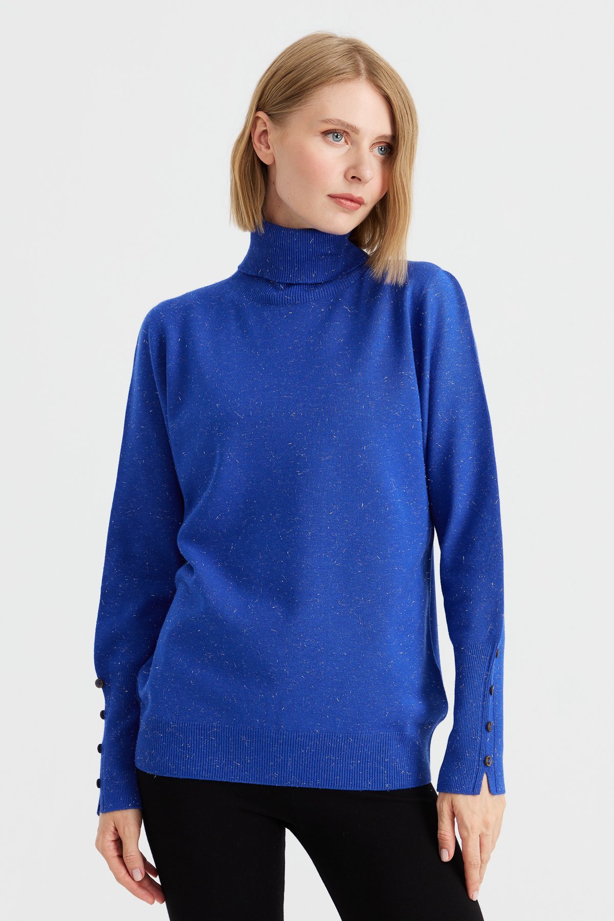 22330Kadın Tam Balıkçı Yaka Kol Ucu Yırtmaçlı Kazak S.Mavi