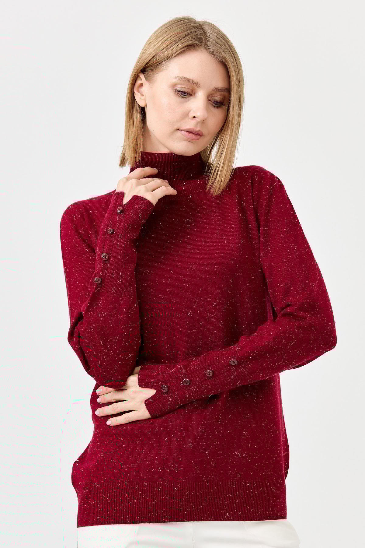 22330Kadın Tam Balıkçı Yaka Kol Ucu Yırtmaçlı Kazak V.Çürüğü