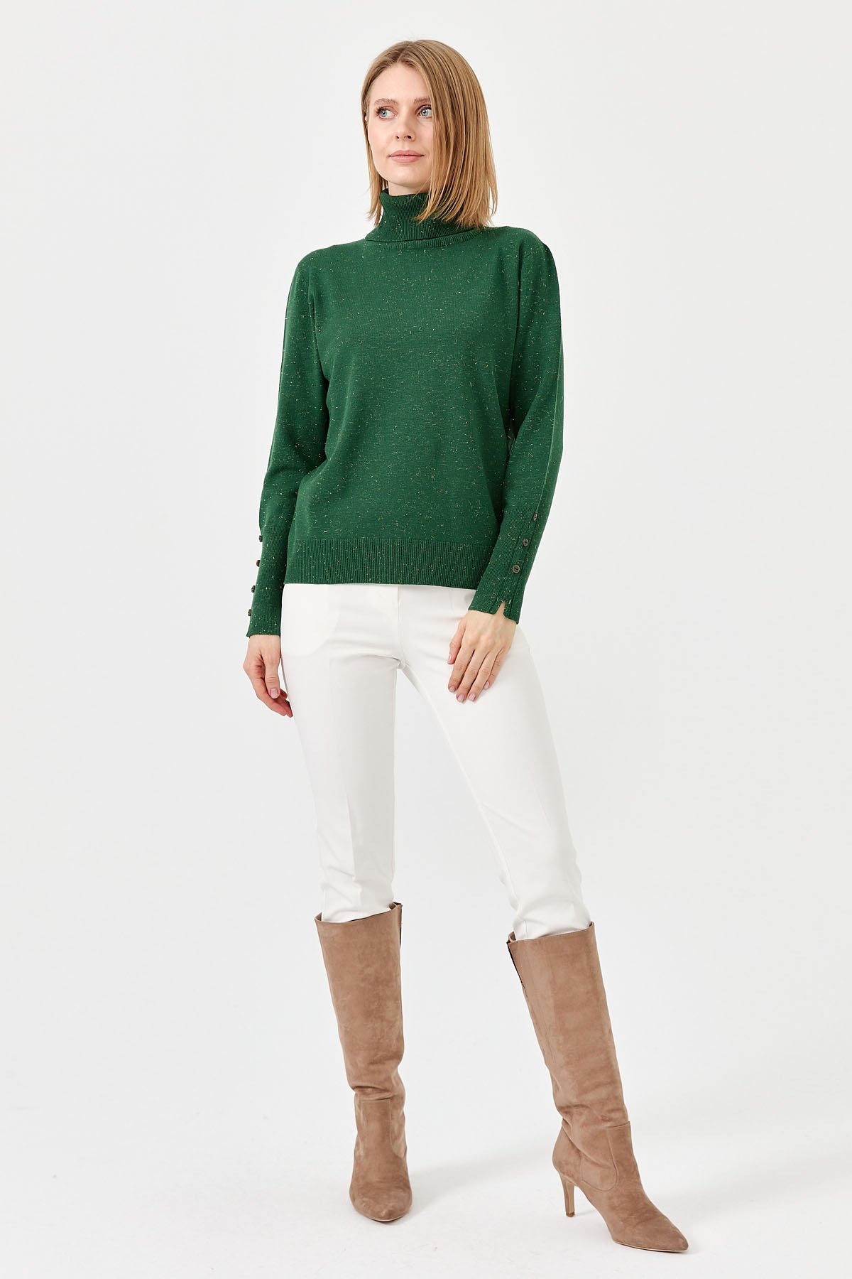 22330Kadın Tam Balıkçı Yaka Kol Ucu Yırtmaçlı Kazak Ö.Başı