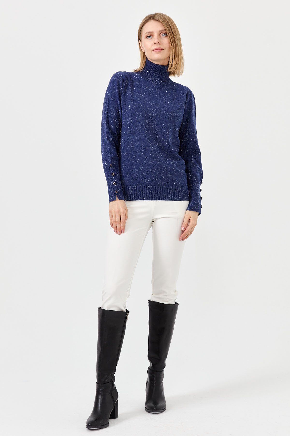 22330Kadın Tam Balıkçı Yaka Kol Ucu Yırtmaçlı Kazak Lacivert